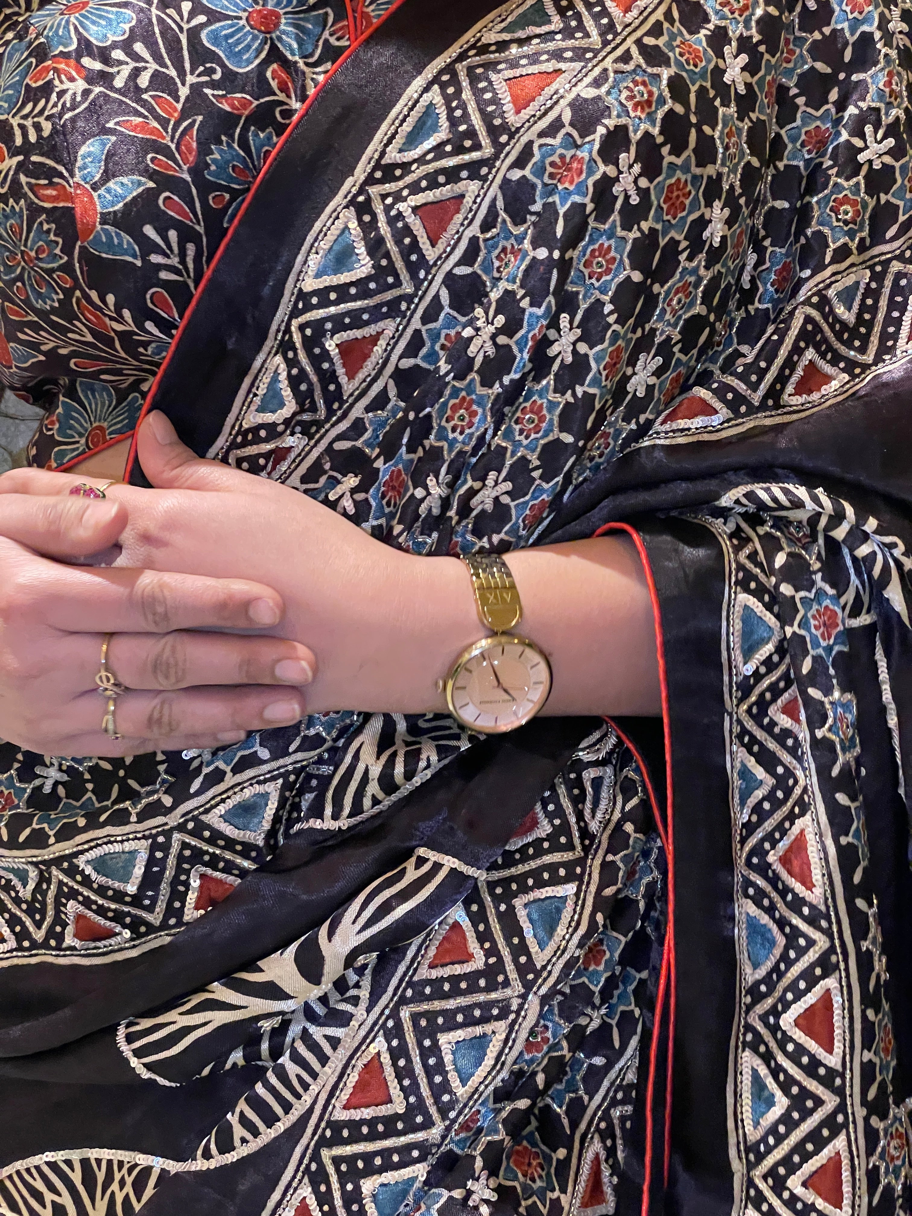 Ajrakh saree With Hand embroidery