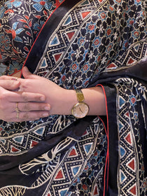 Ajrakh saree With Hand embroidery
