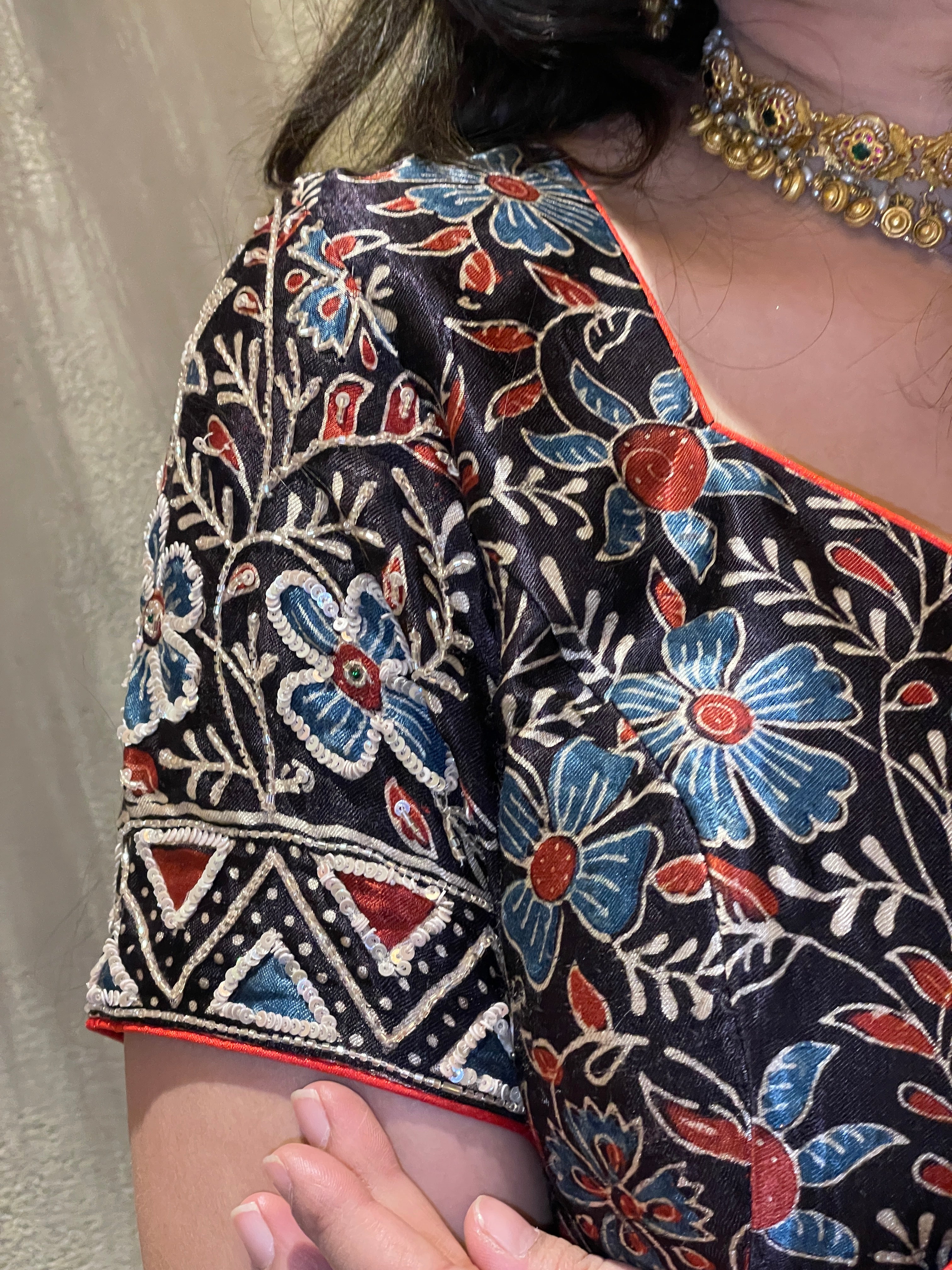 Ajrakh saree With Hand embroidery