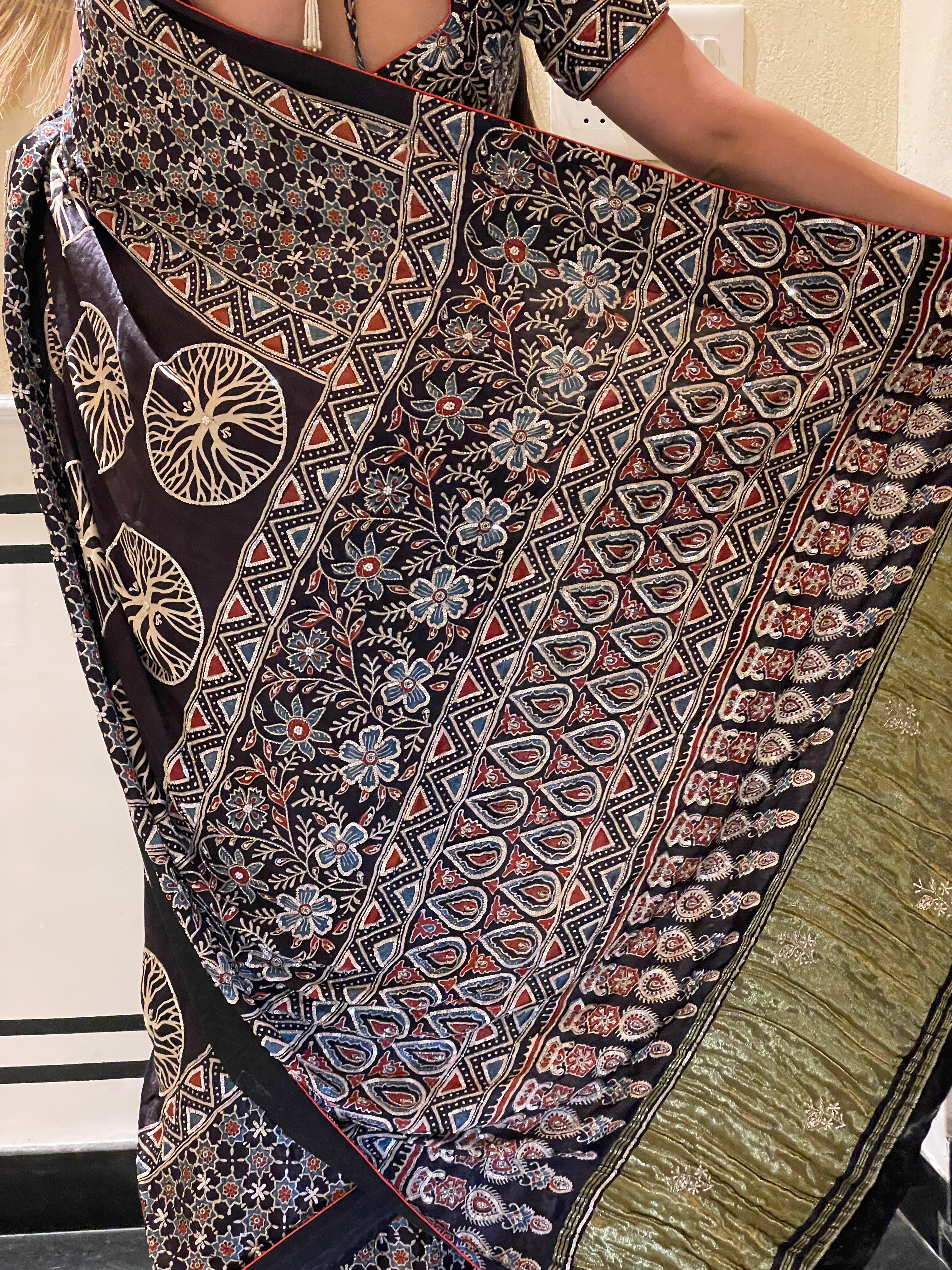 Ajrakh saree With Hand embroidery