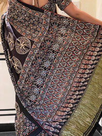 Ajrakh saree With Hand embroidery