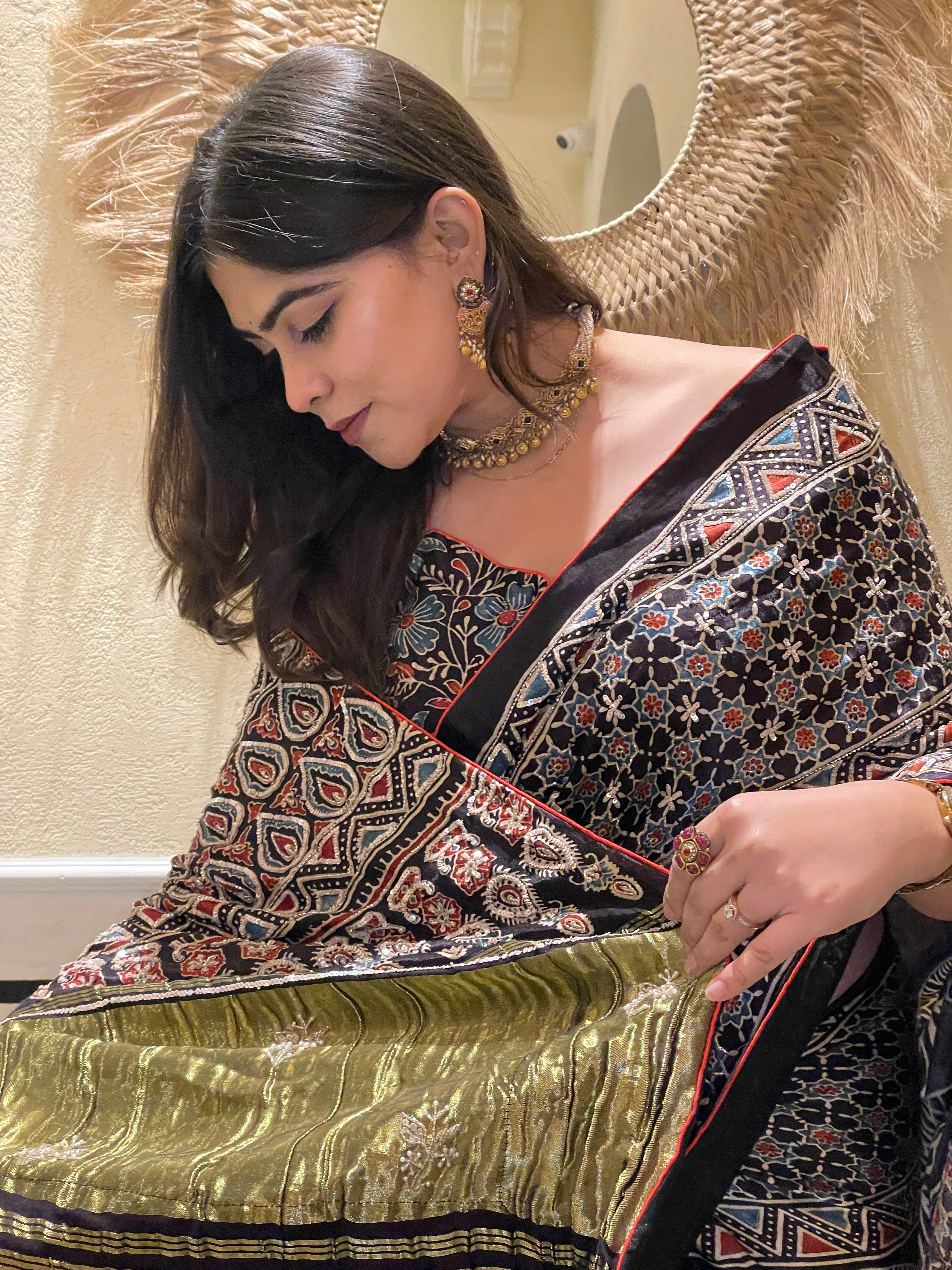 Ajrakh saree With Hand embroidery