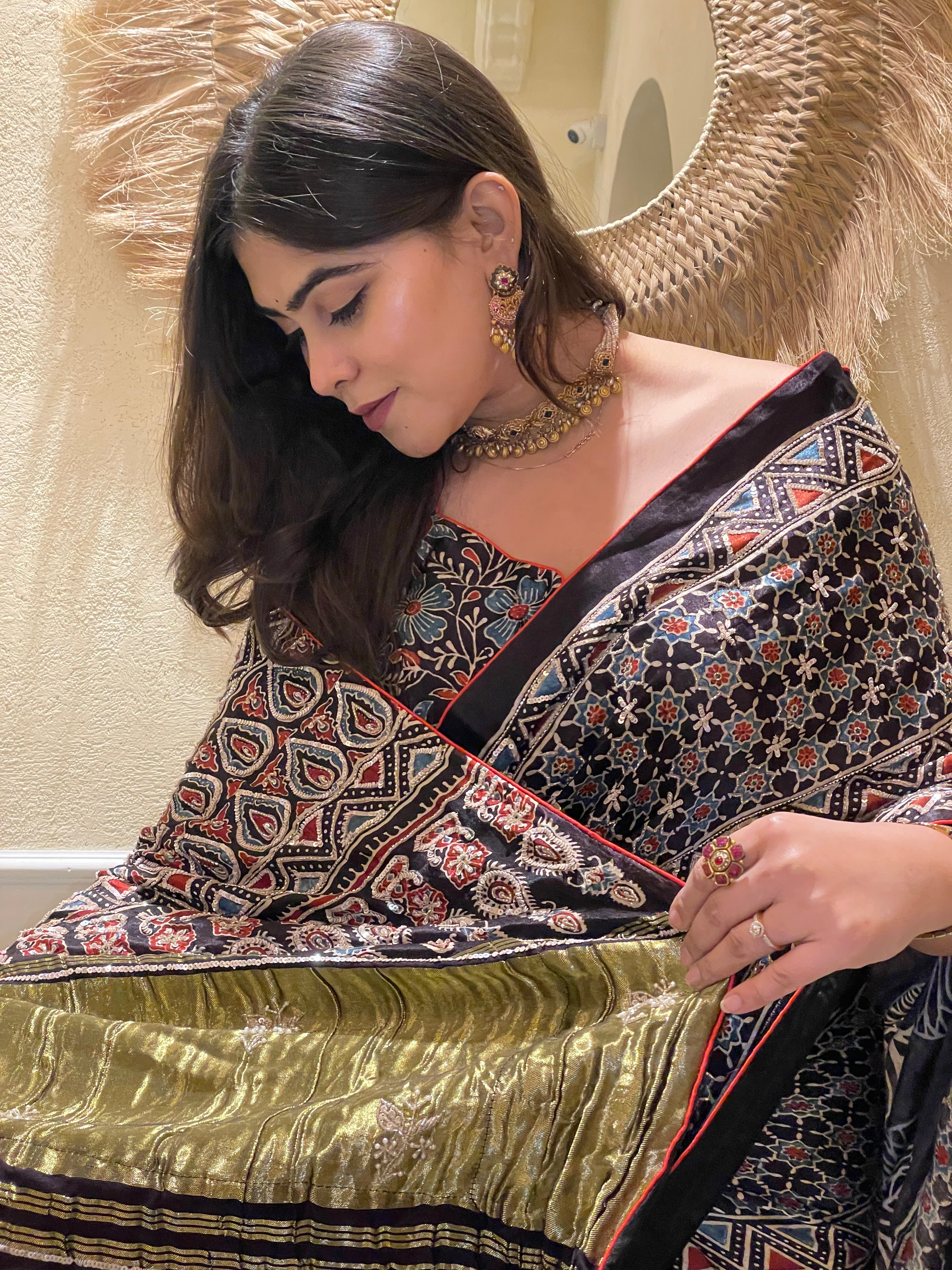 Ajrakh saree With Hand embroidery