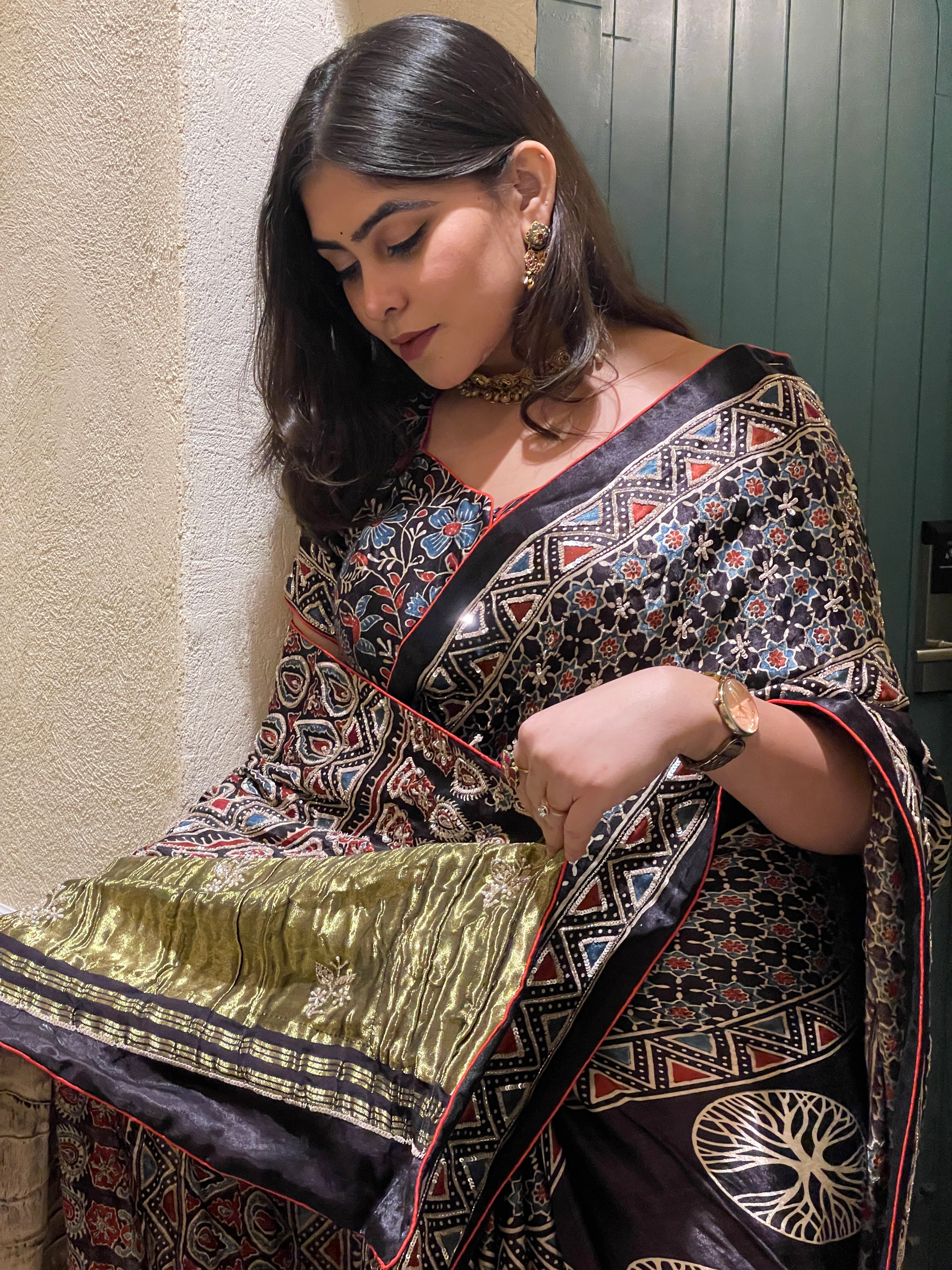 Ajrakh saree With Hand embroidery