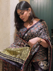 Ajrakh saree With Hand embroidery