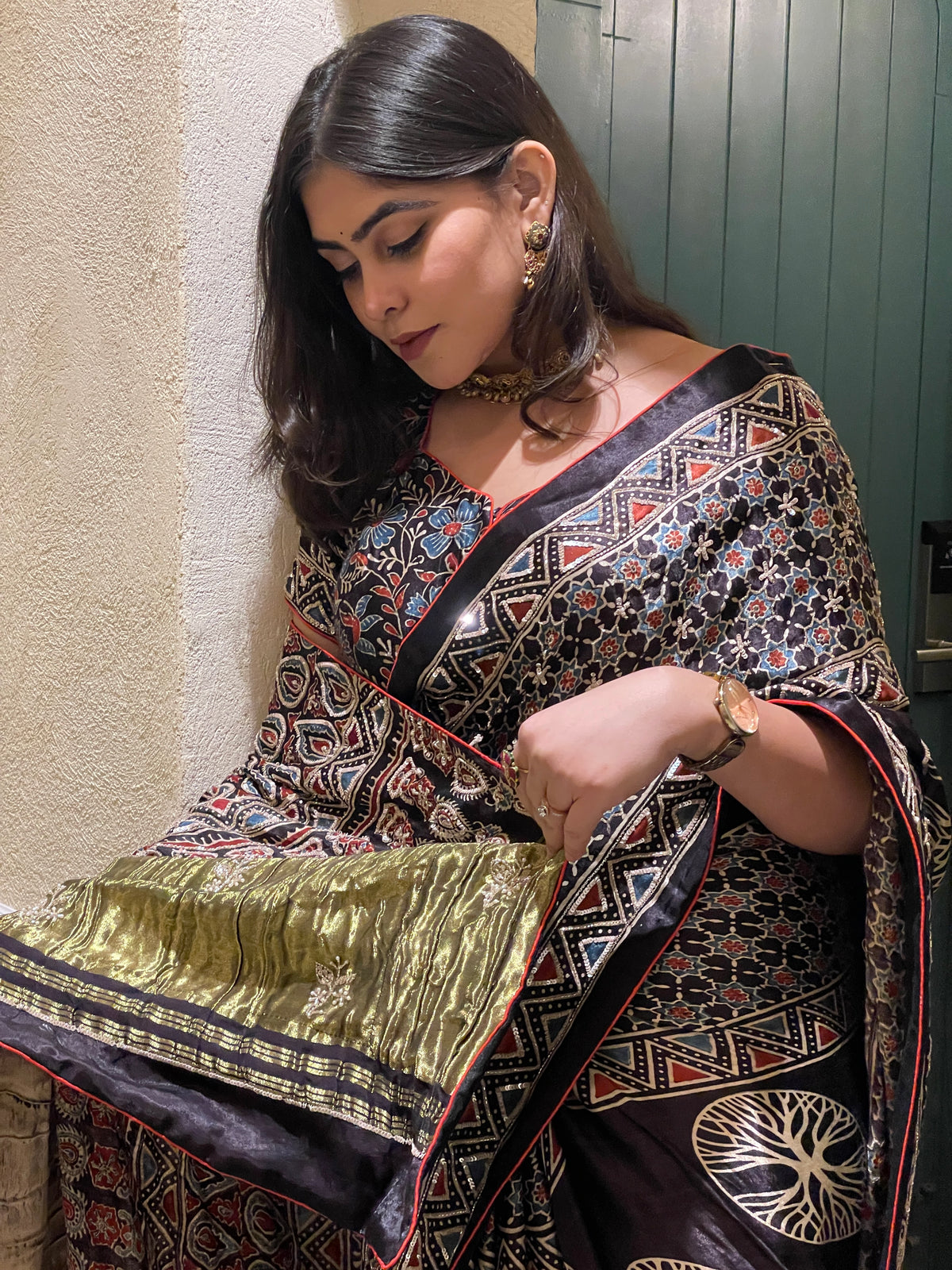Ajrakh saree With Hand embroidery