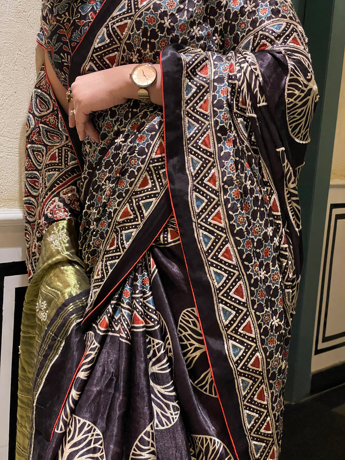 Ajrakh saree With Hand embroidery