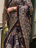 Ajrakh saree With Hand embroidery