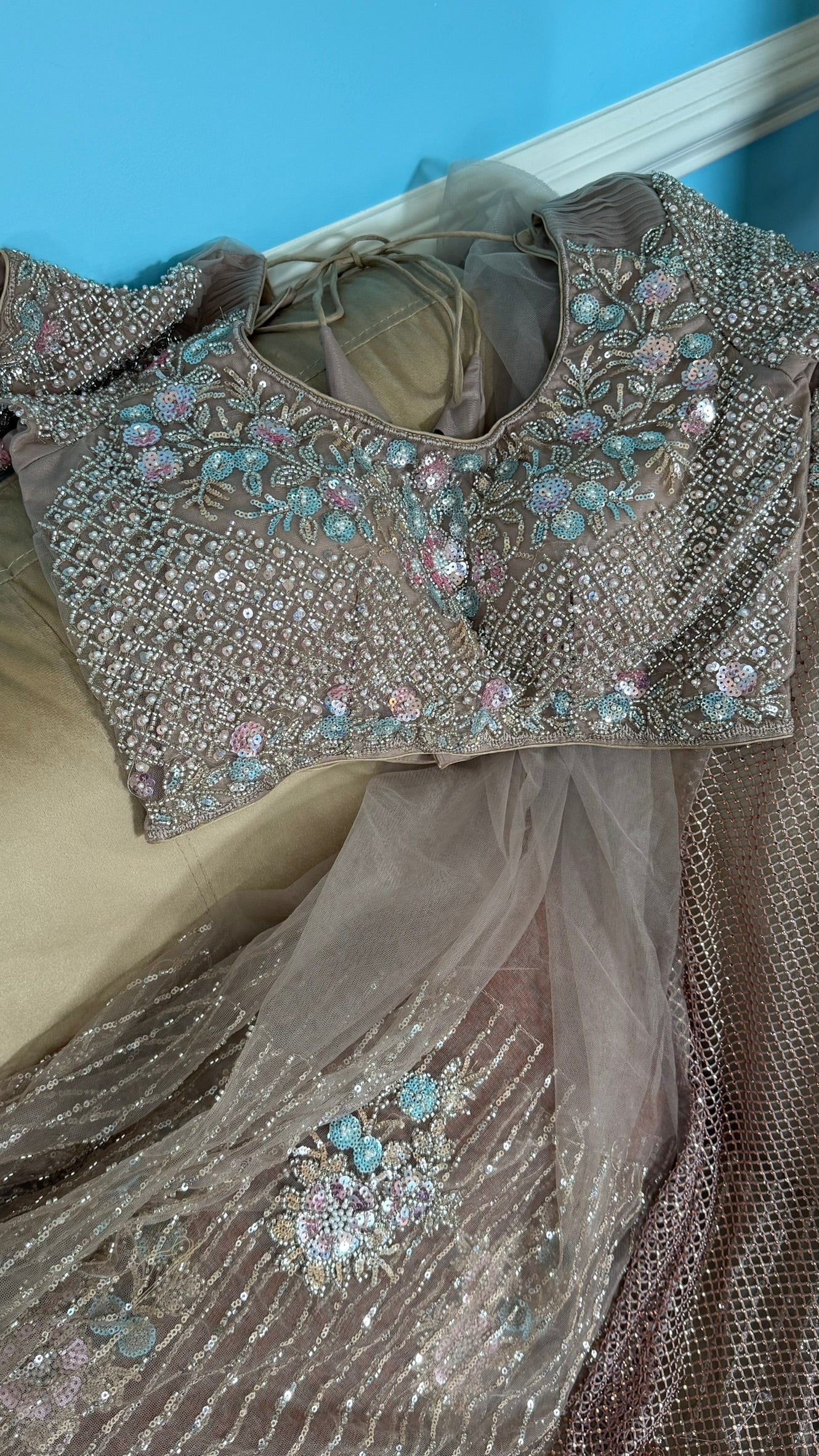 Net saree with heavy embroidered blouse and border