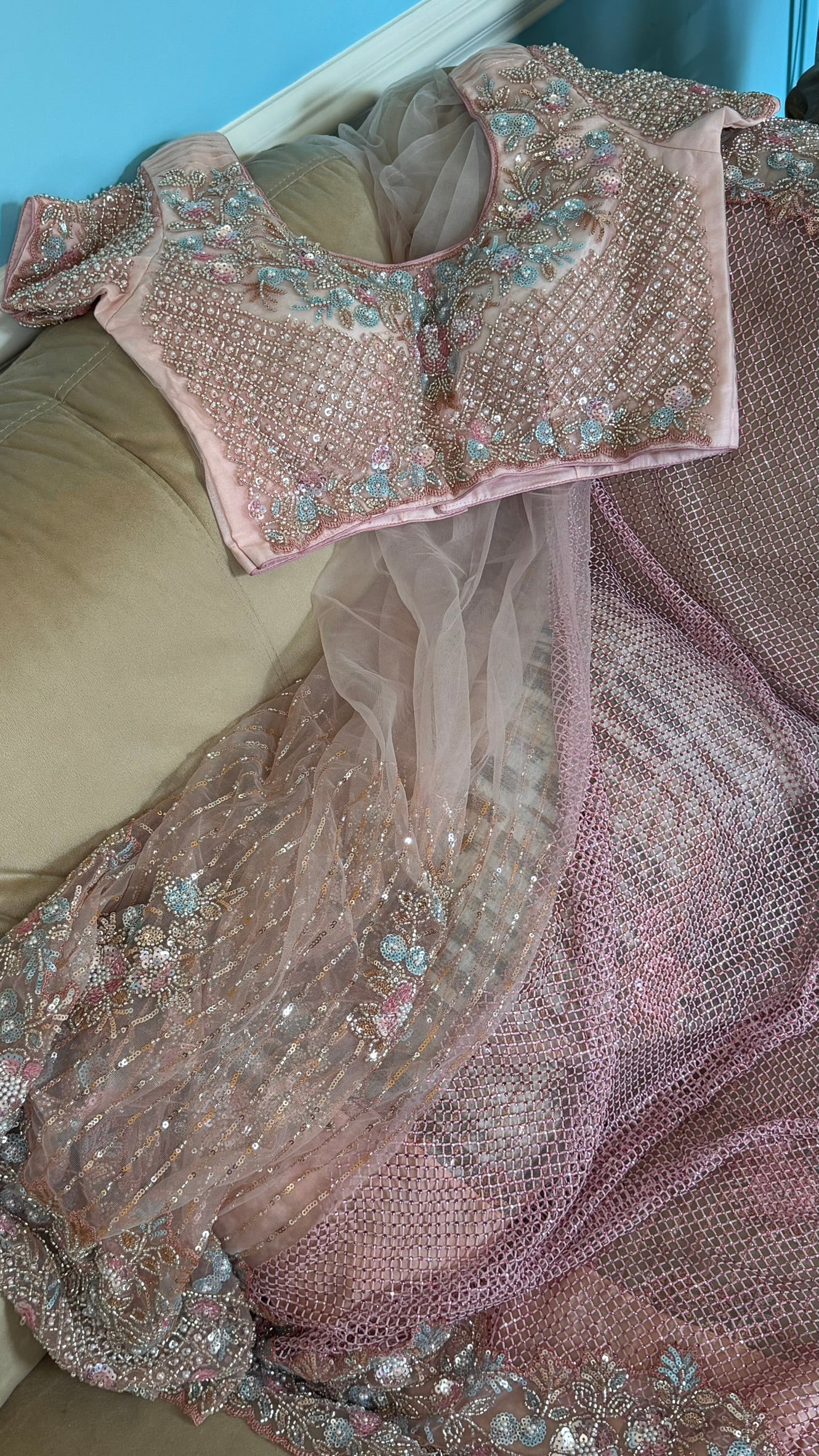 Net saree with heavy embroidered blouse and border
