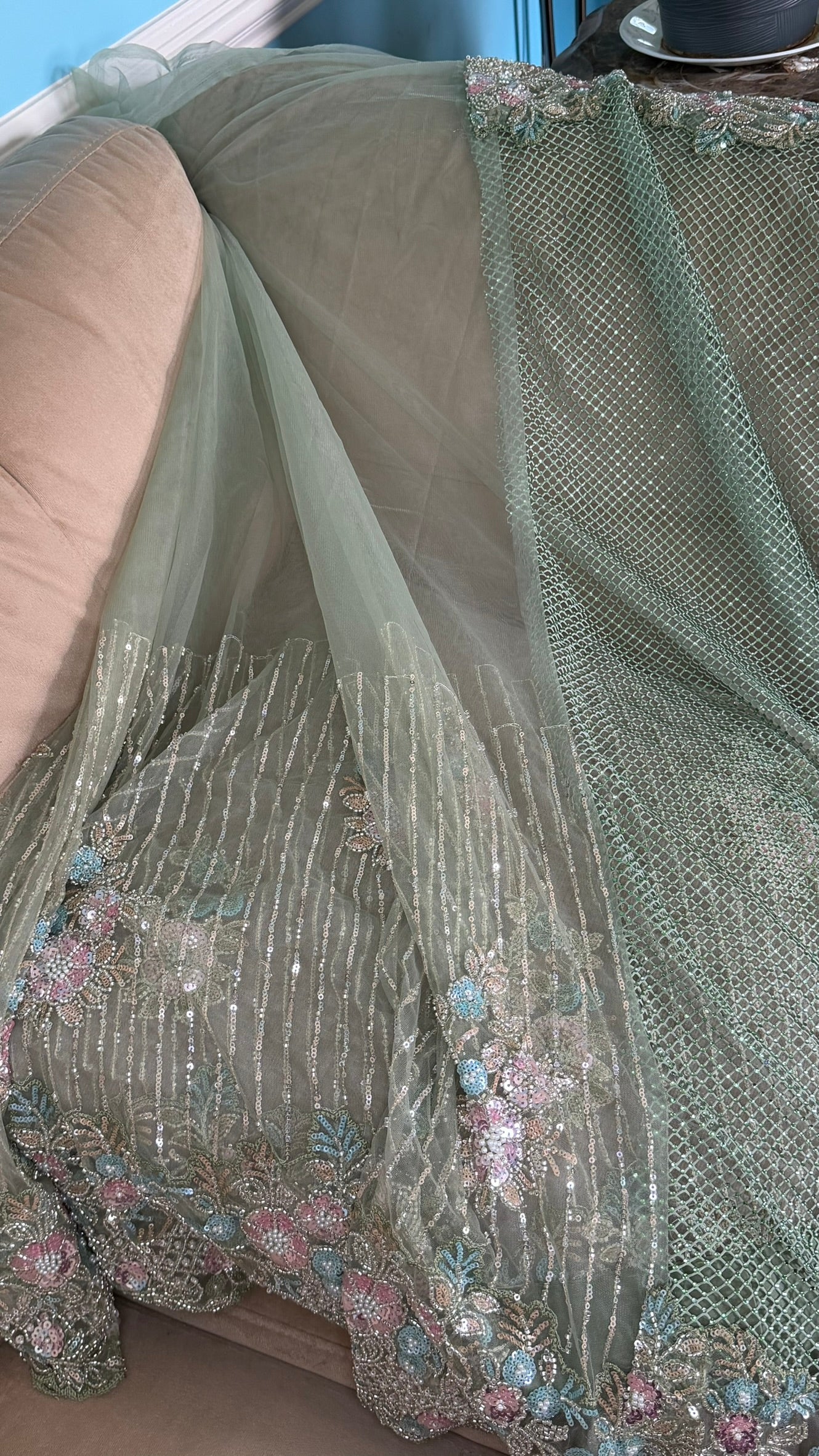 Net saree with heavy embroidered blouse and border