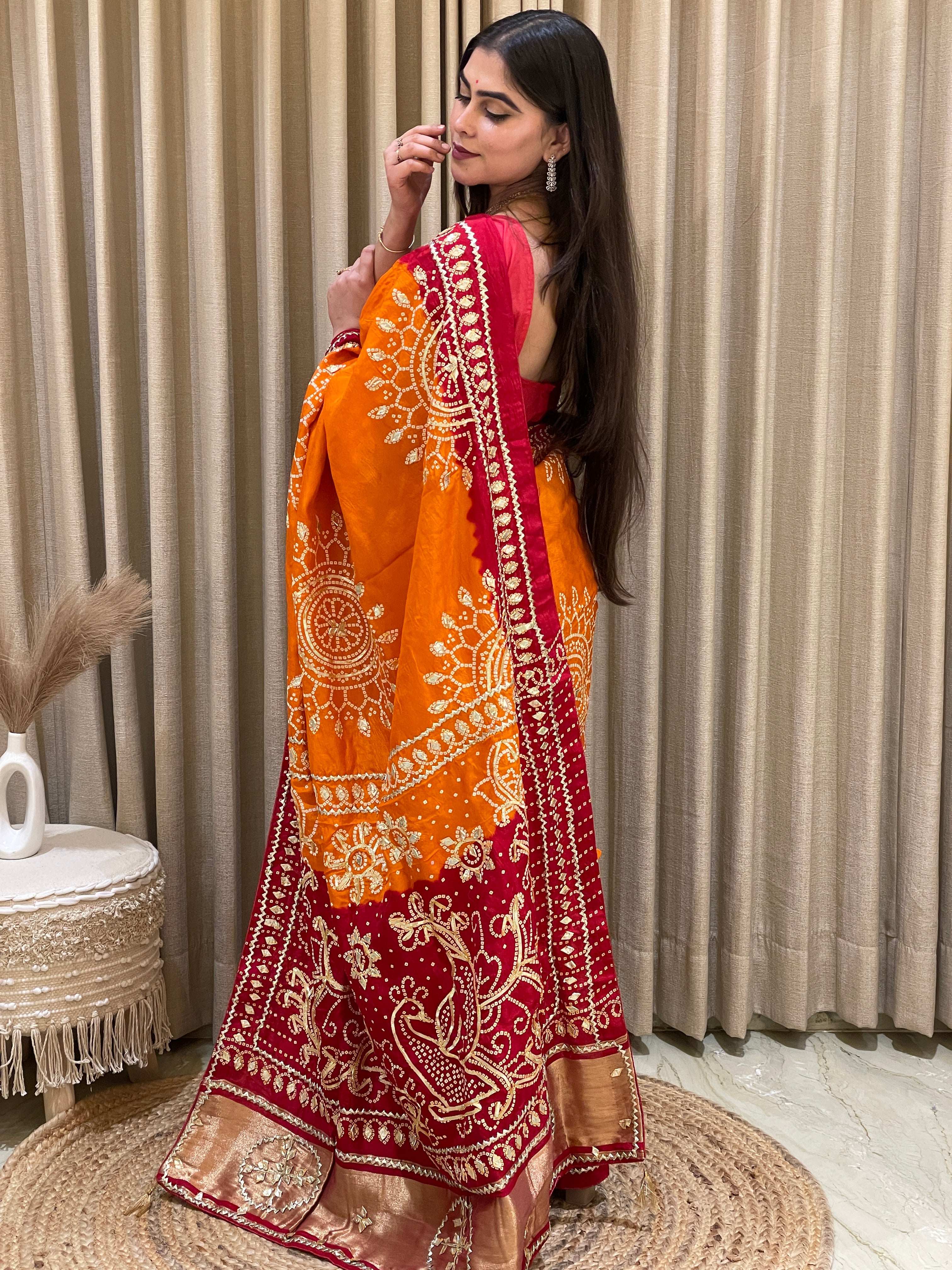 Bandhini on silk with kacha gota work