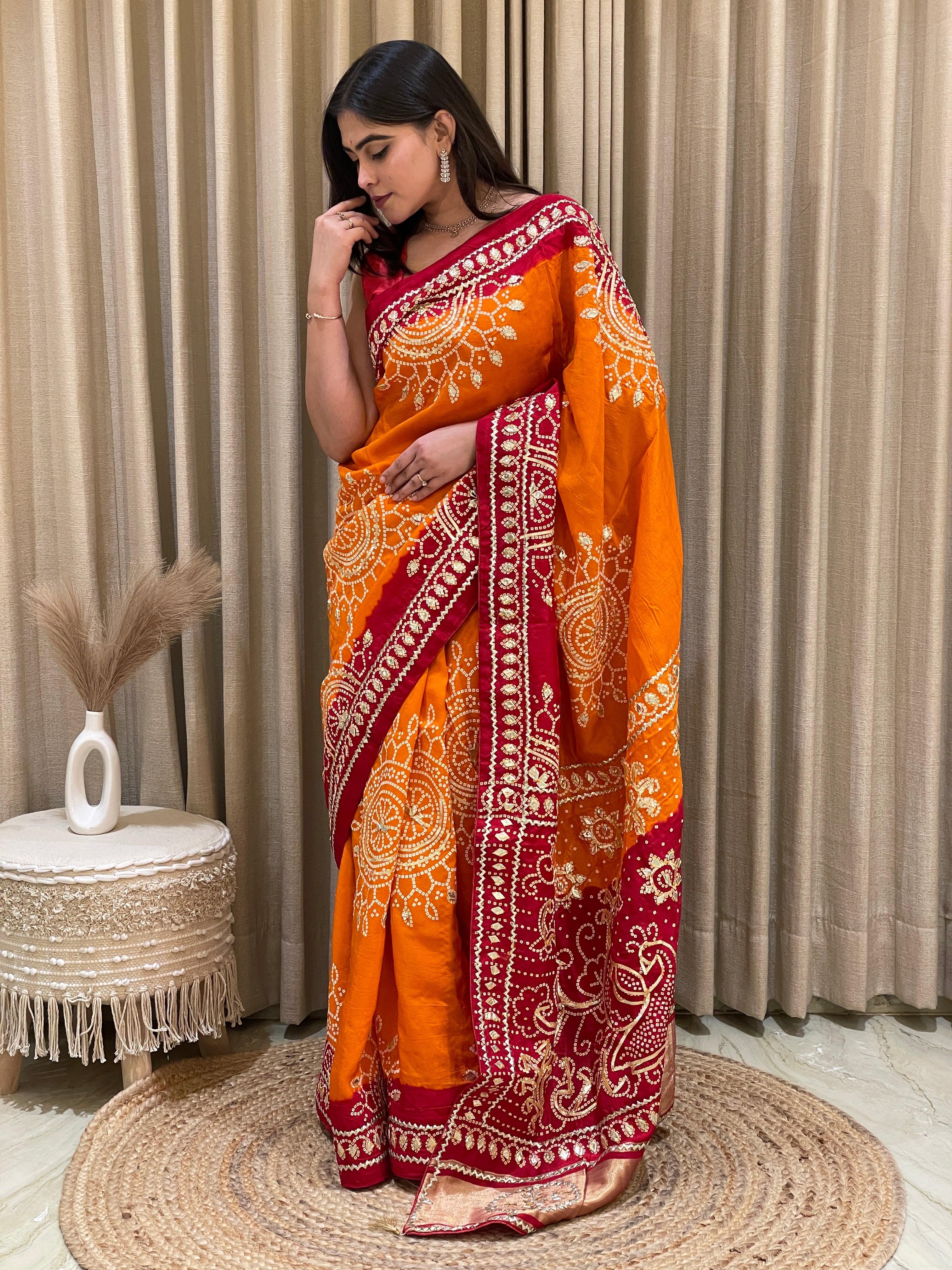 Bandhini on silk with kacha gota work