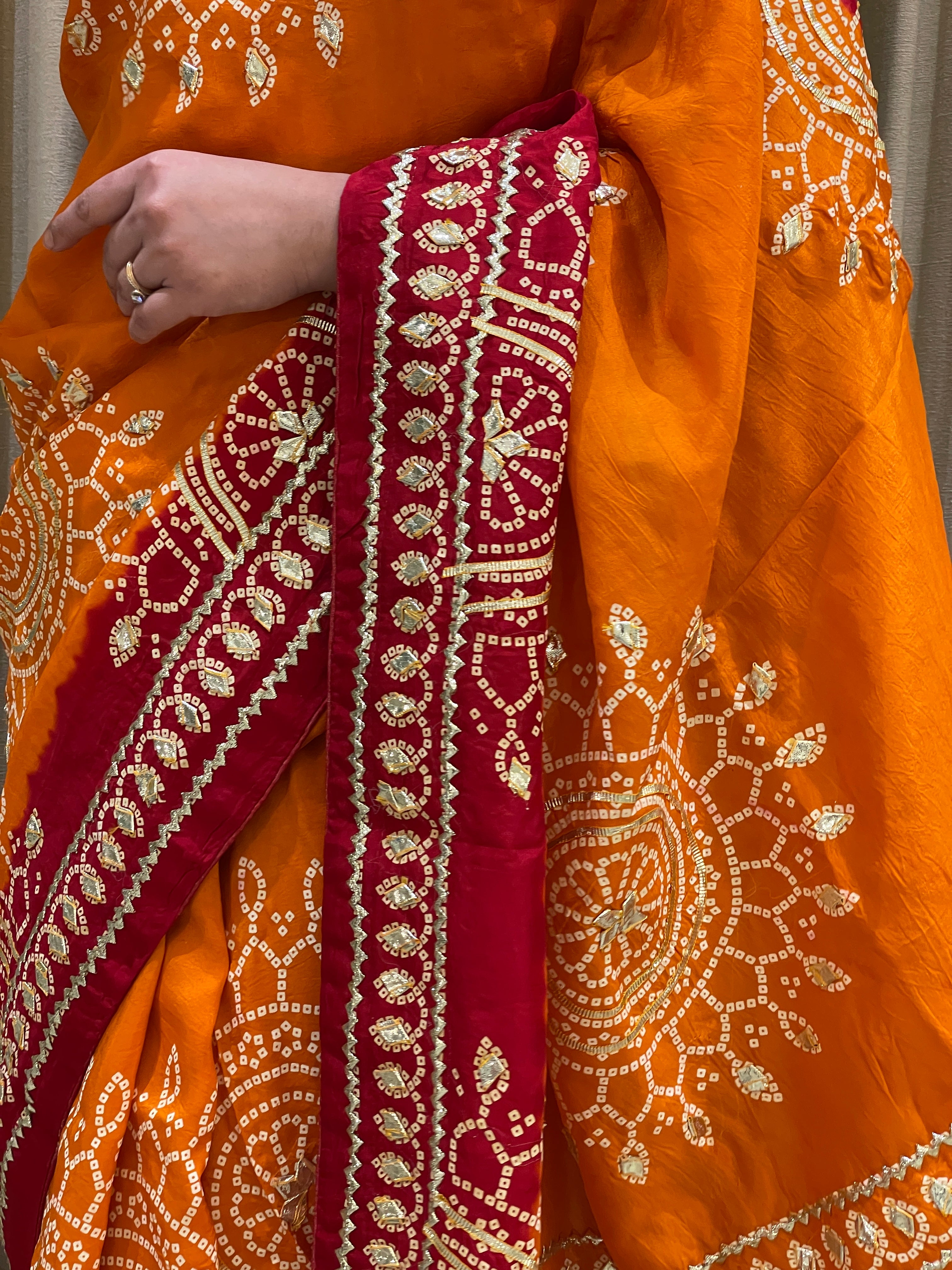 Bandhini on silk with kacha gota work