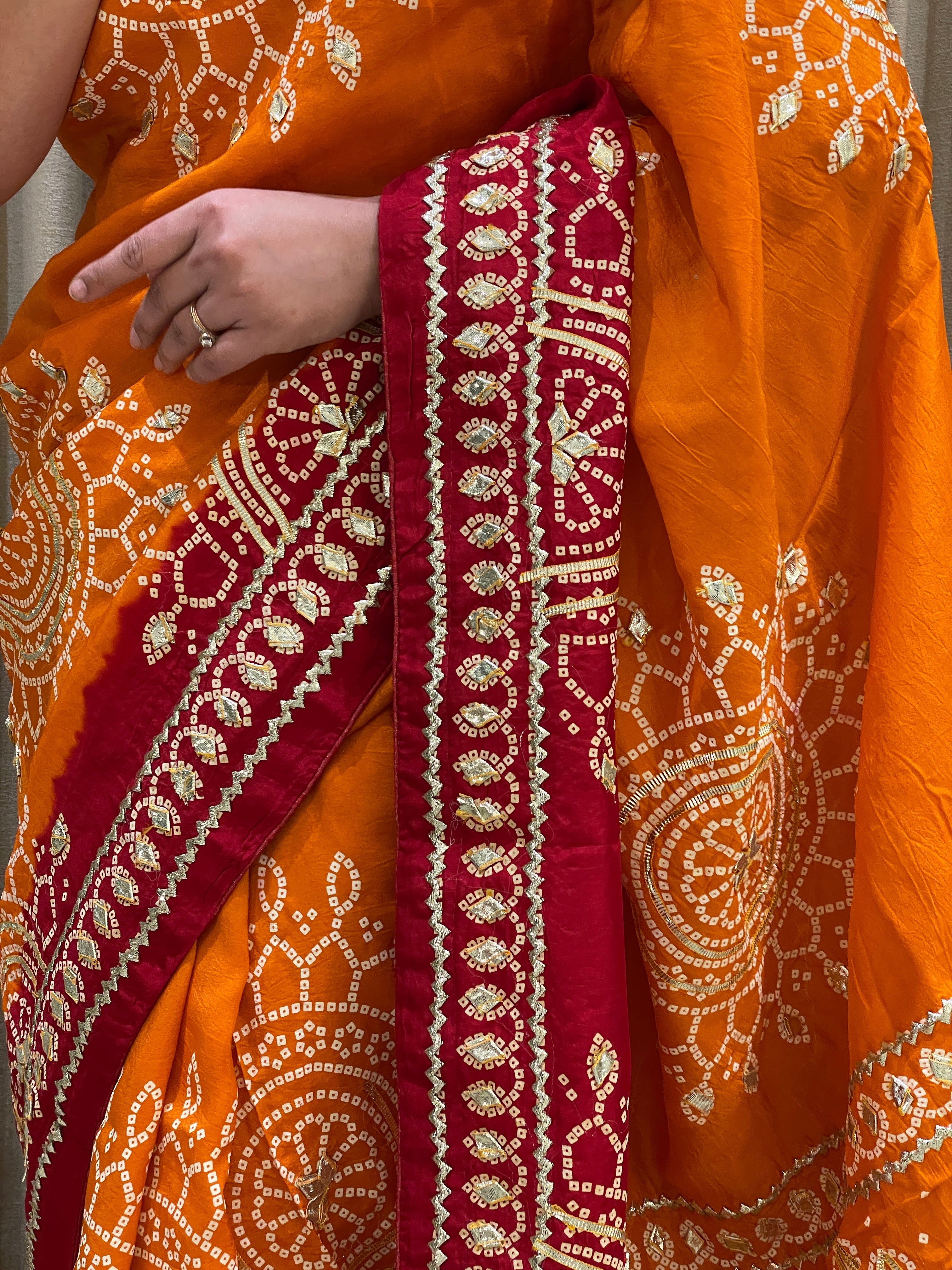 Bandhini on silk with kacha gota work