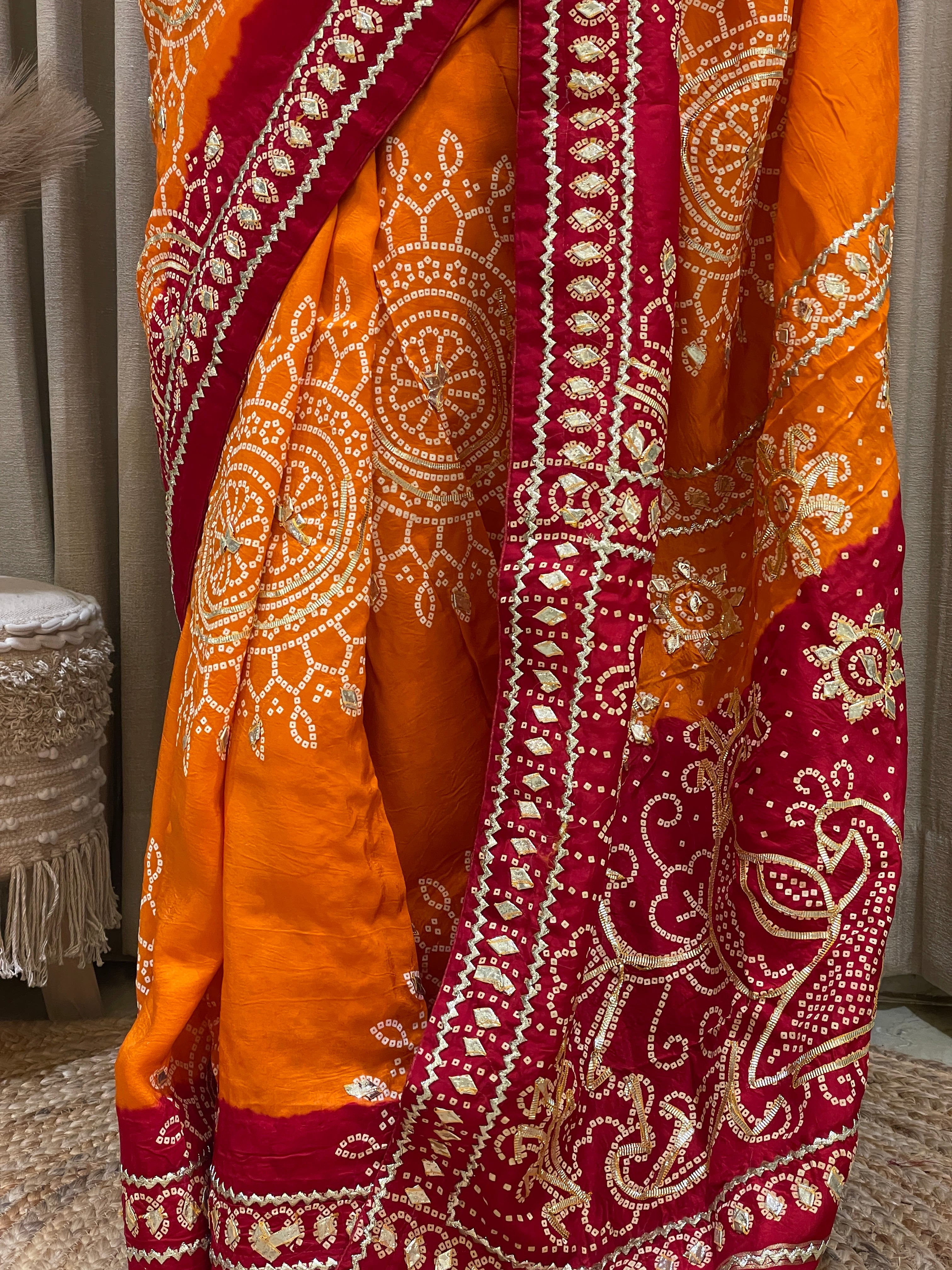 Bandhini on silk with kacha gota work