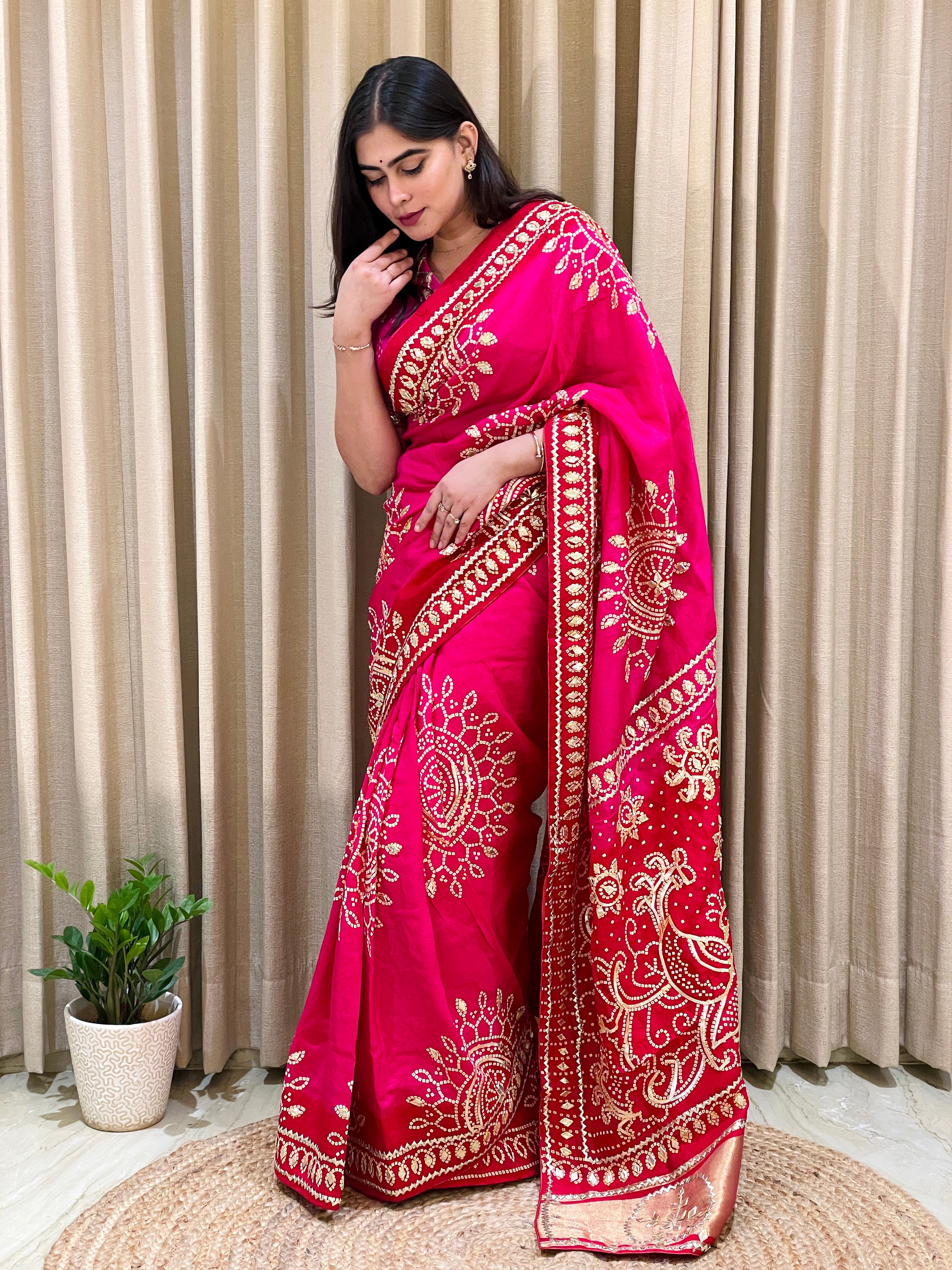 Bandhini on silk with kacha gota work