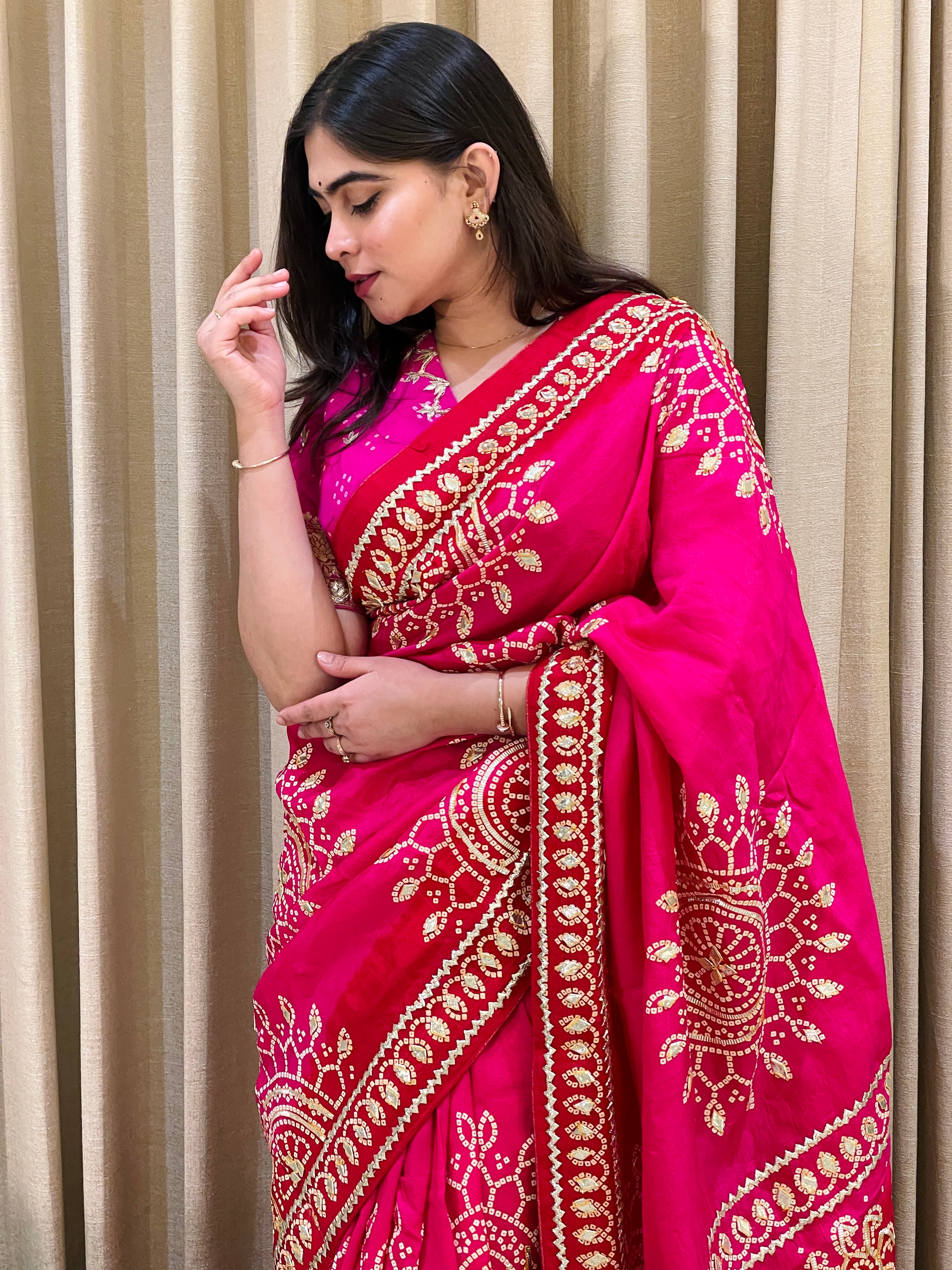 Bandhini on silk with kacha gota work