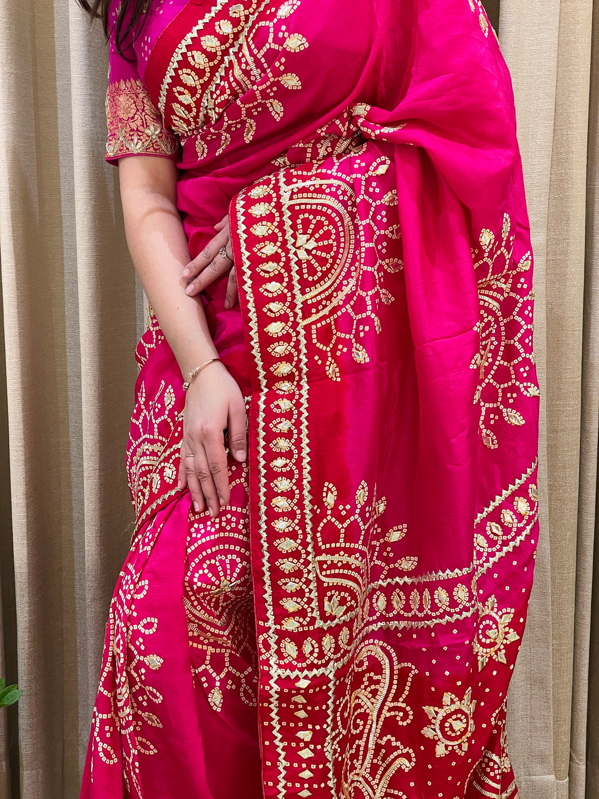 Bandhini on silk with kacha gota work