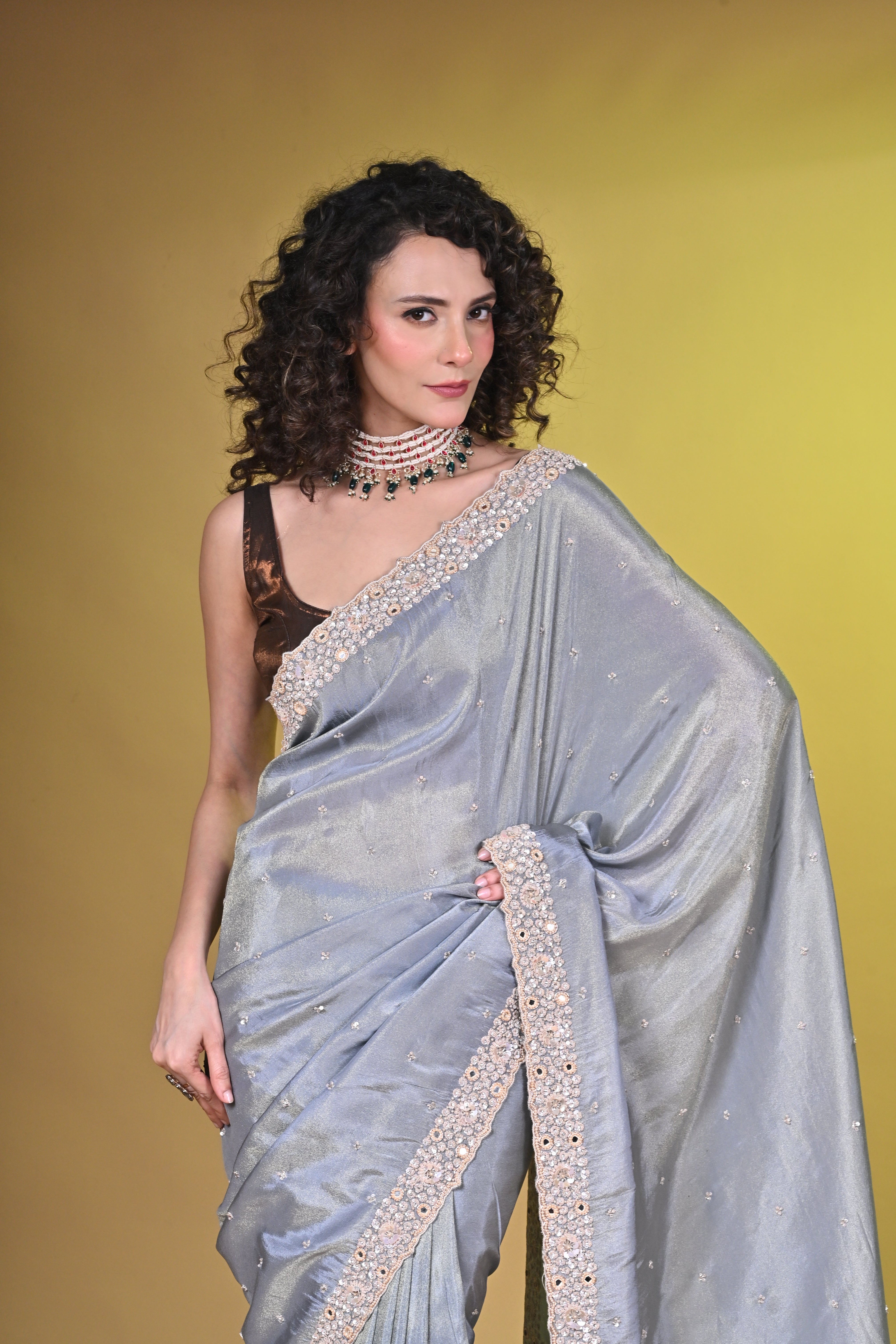 Grey Tissue with mirror and hand embroidered border
