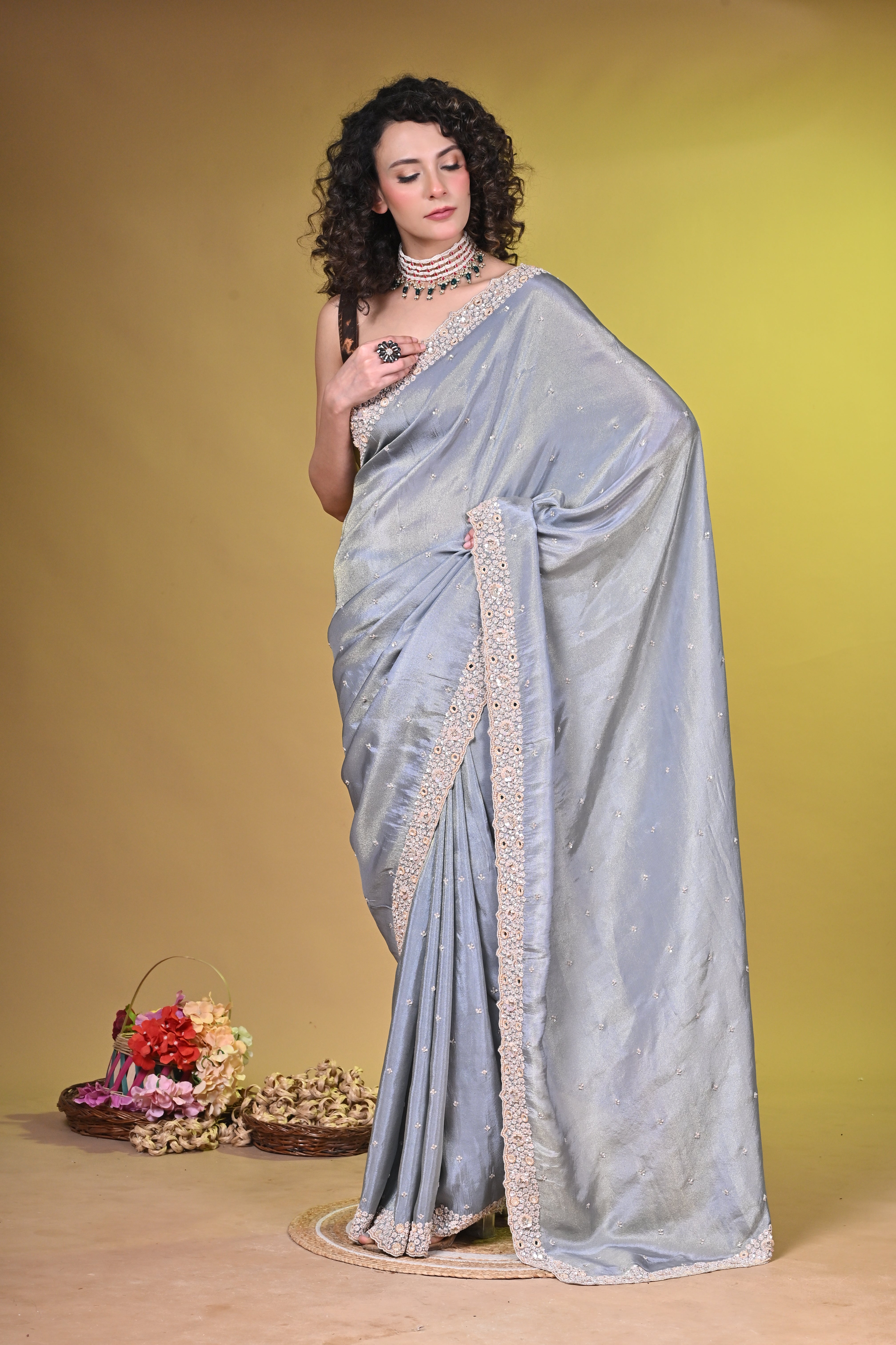 Grey Tissue with mirror and hand embroidered border