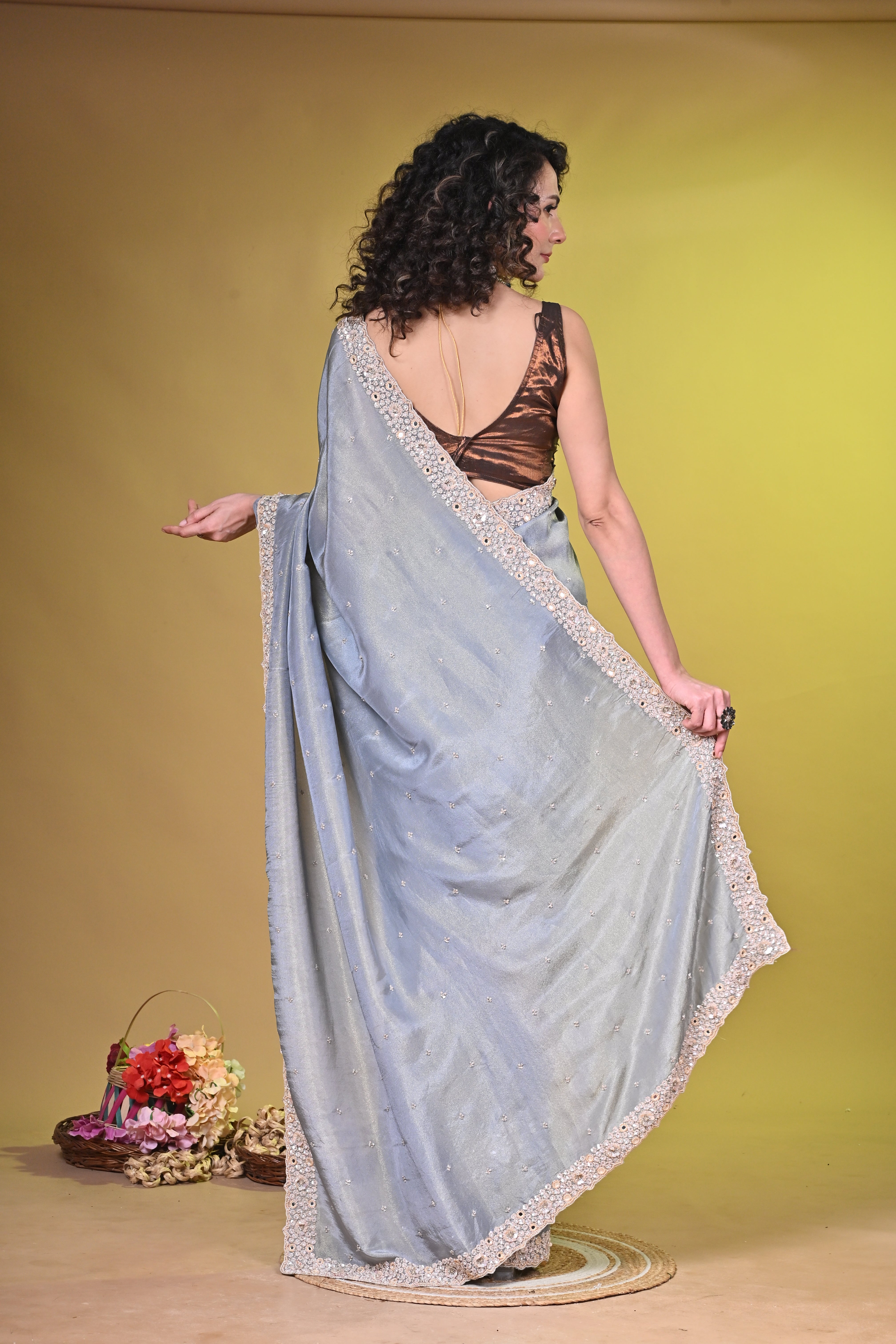 Grey Tissue with mirror and hand embroidered border