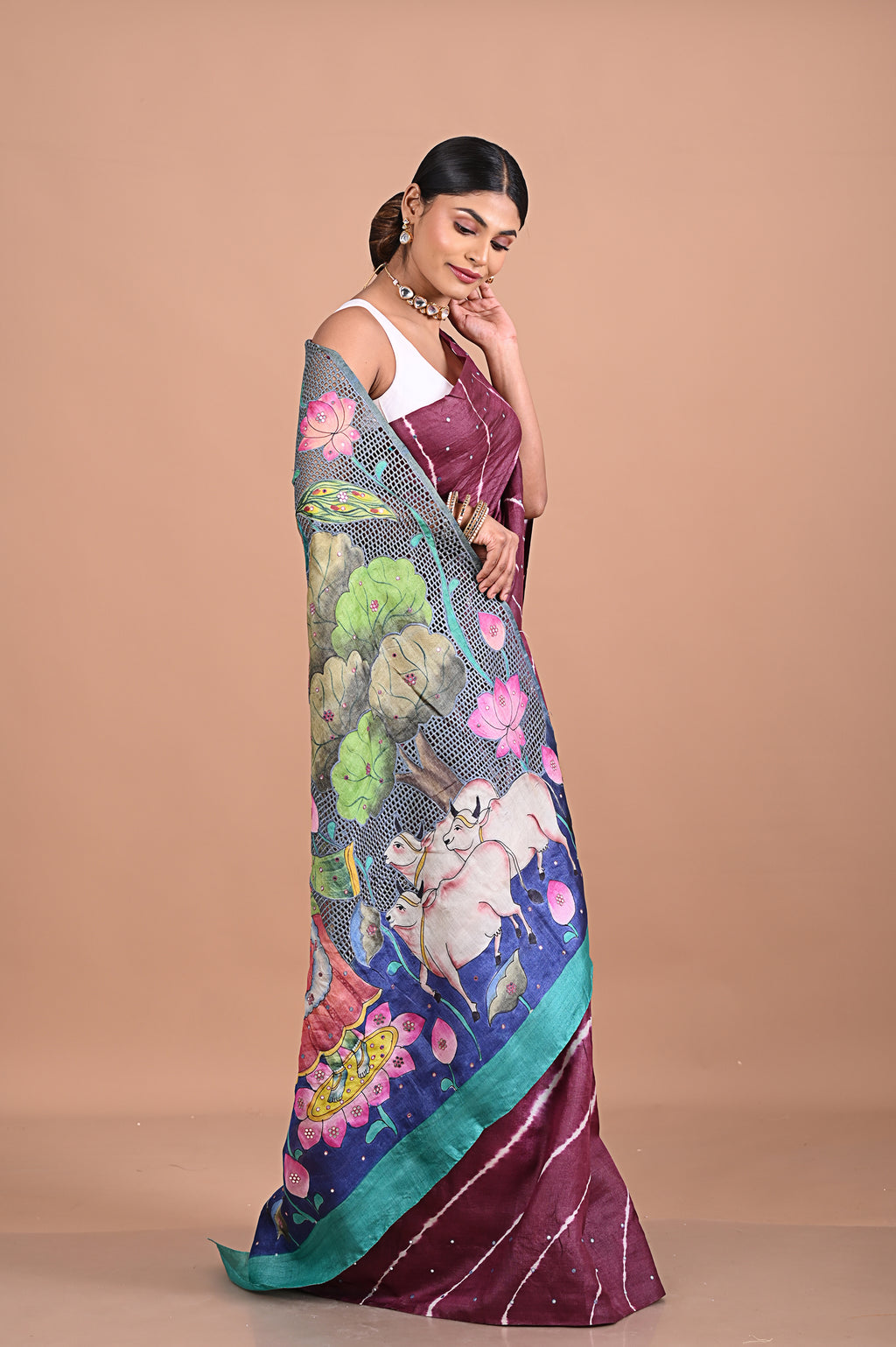 Lehriya Tusser with Pichwai cutwork Palla