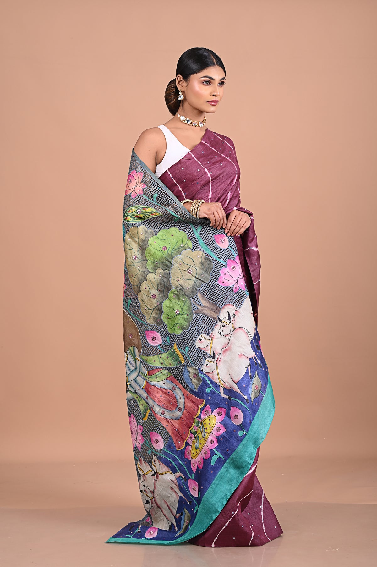 Tusser Leheriya with Pichwai in cutwork