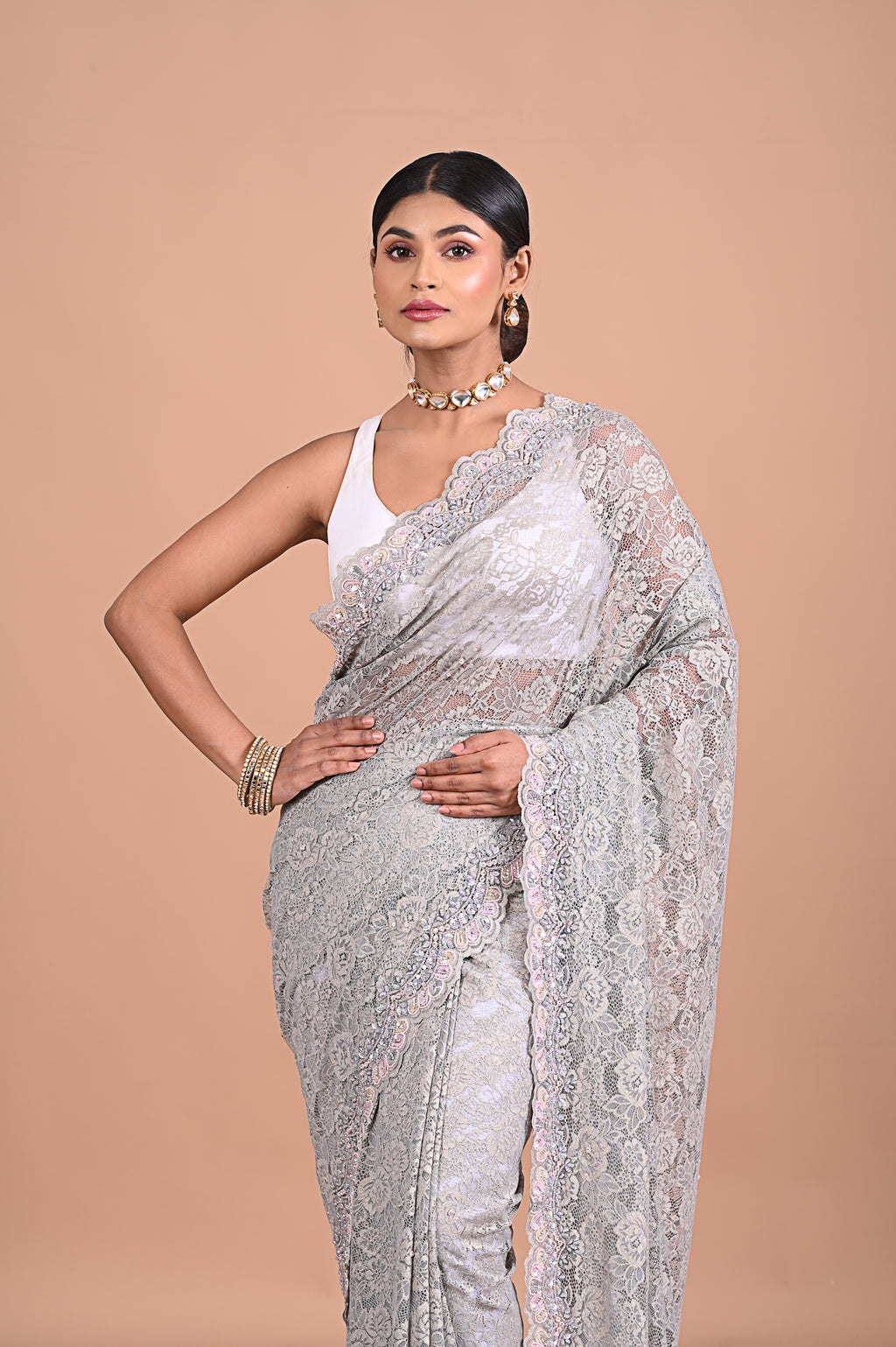 Chantily lace saree with Sequence work