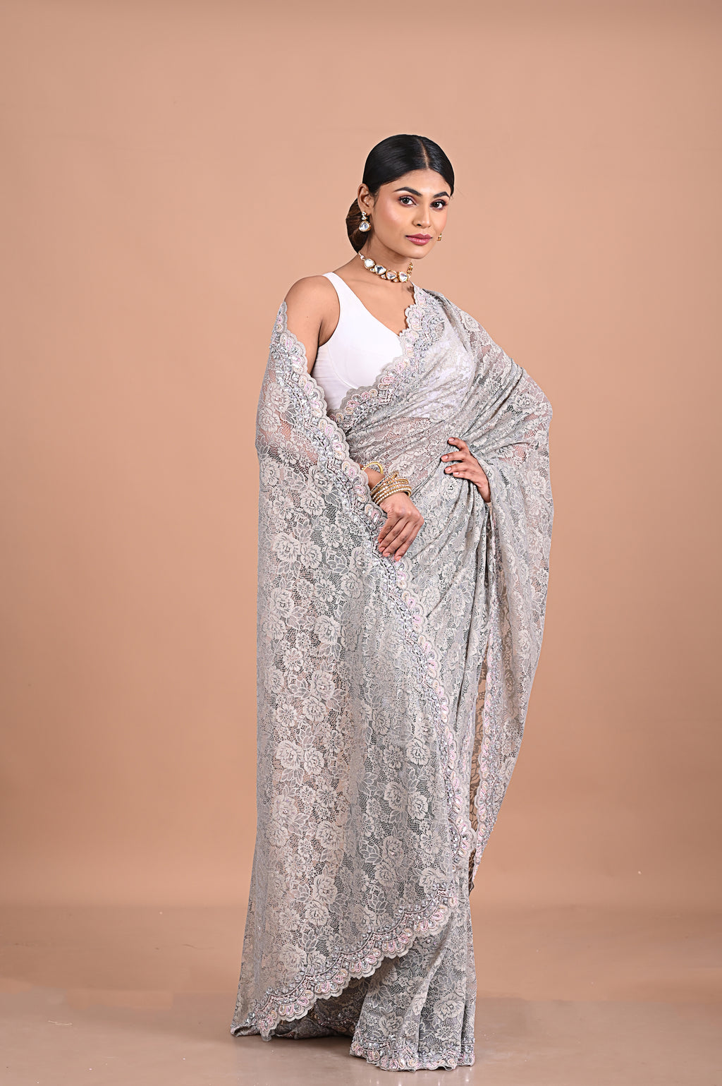 Chantily lace saree with Sequence work