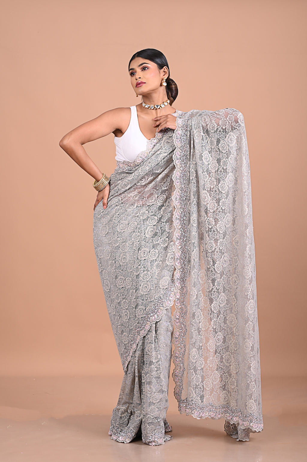 Chantily lace saree with Sequence work