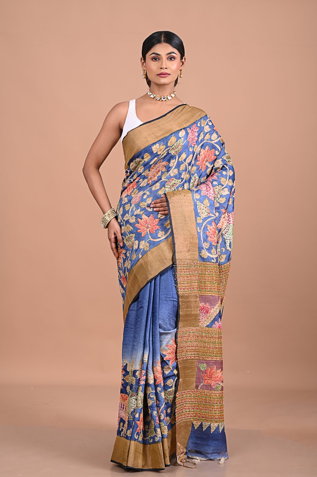 Tusser kalamkari with French knot and kantha work