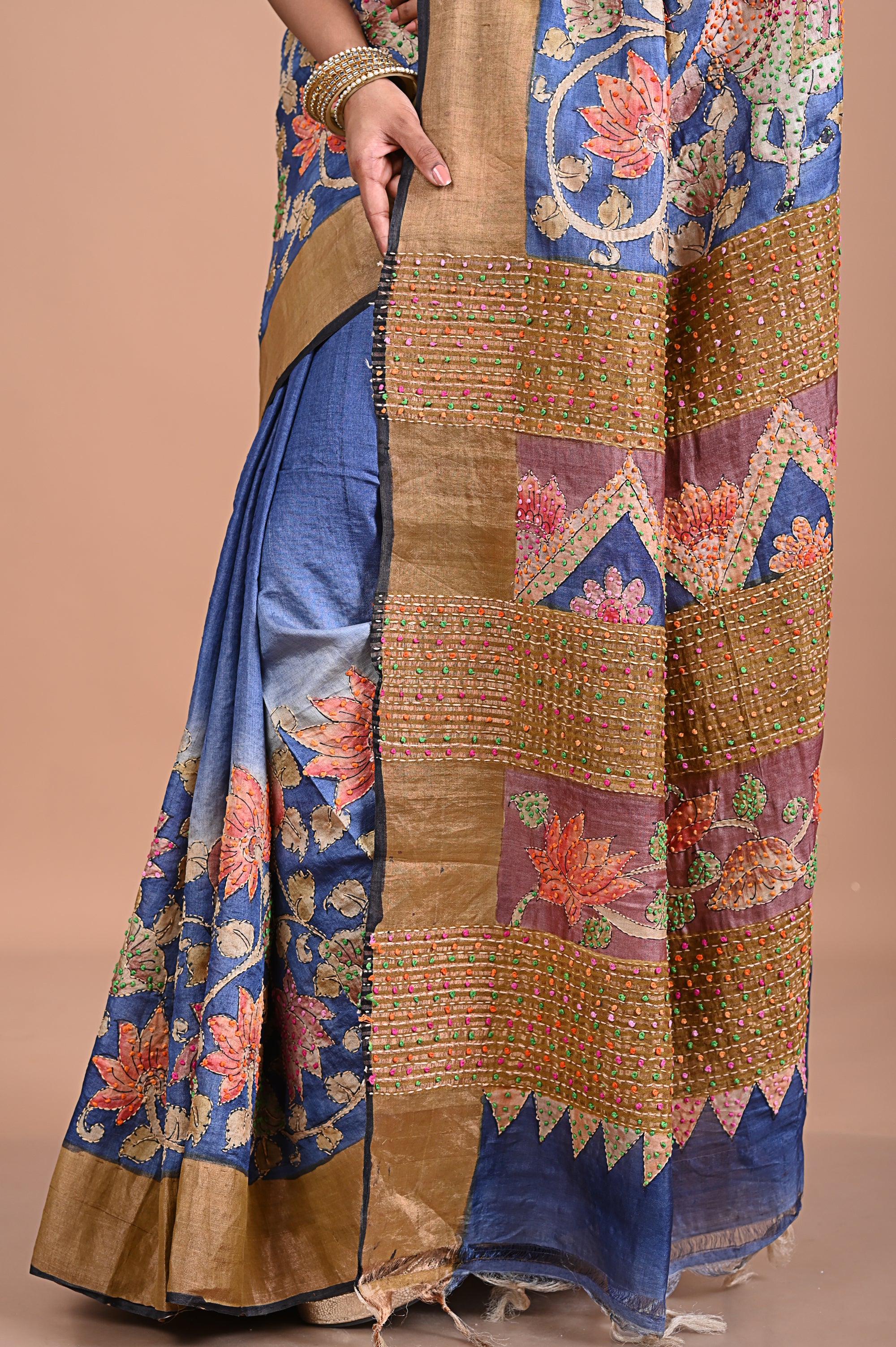 Tusser kalamkari with French knot and kantha work