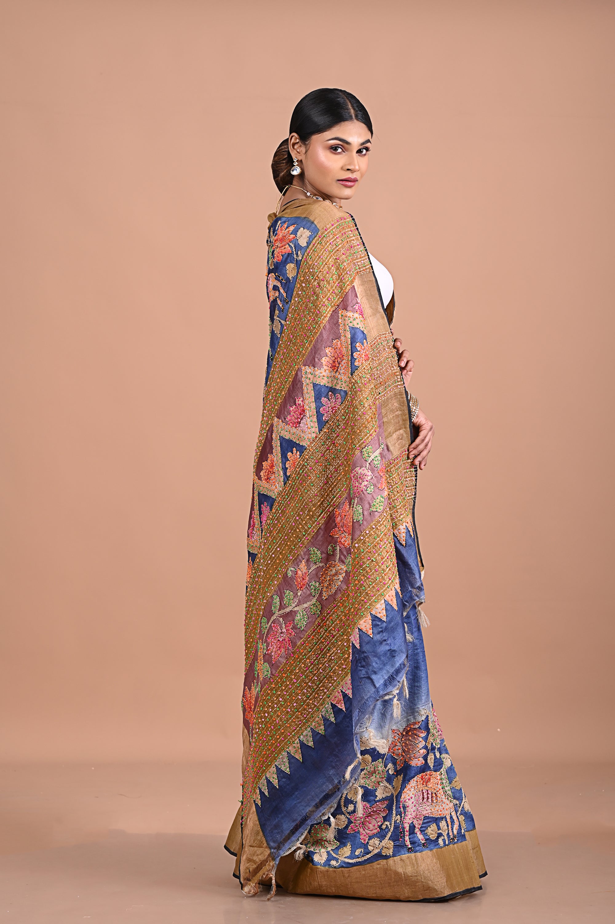 Tusser kalamkari with French knot and kantha work