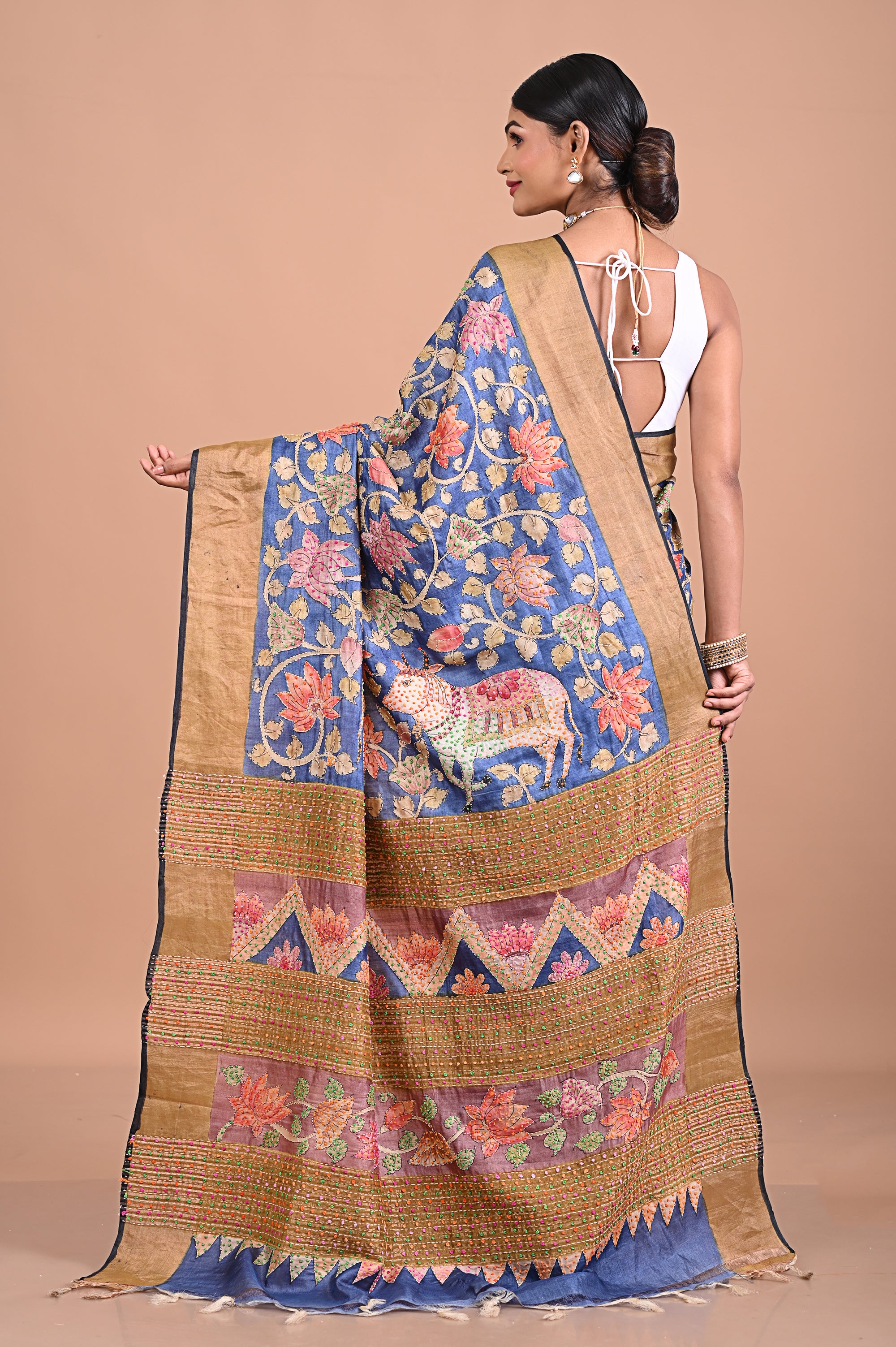 Tusser kalamkari with French knot and kantha work