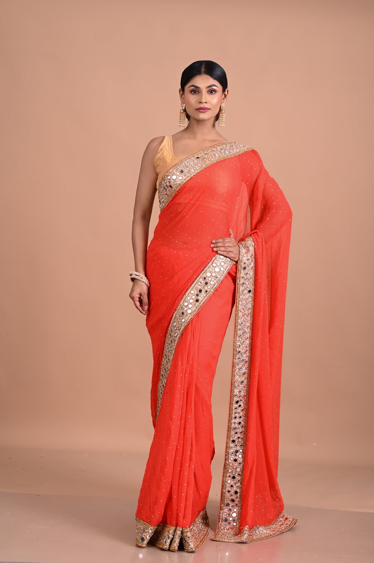 Red georgette with mirror work border and blouse Main image