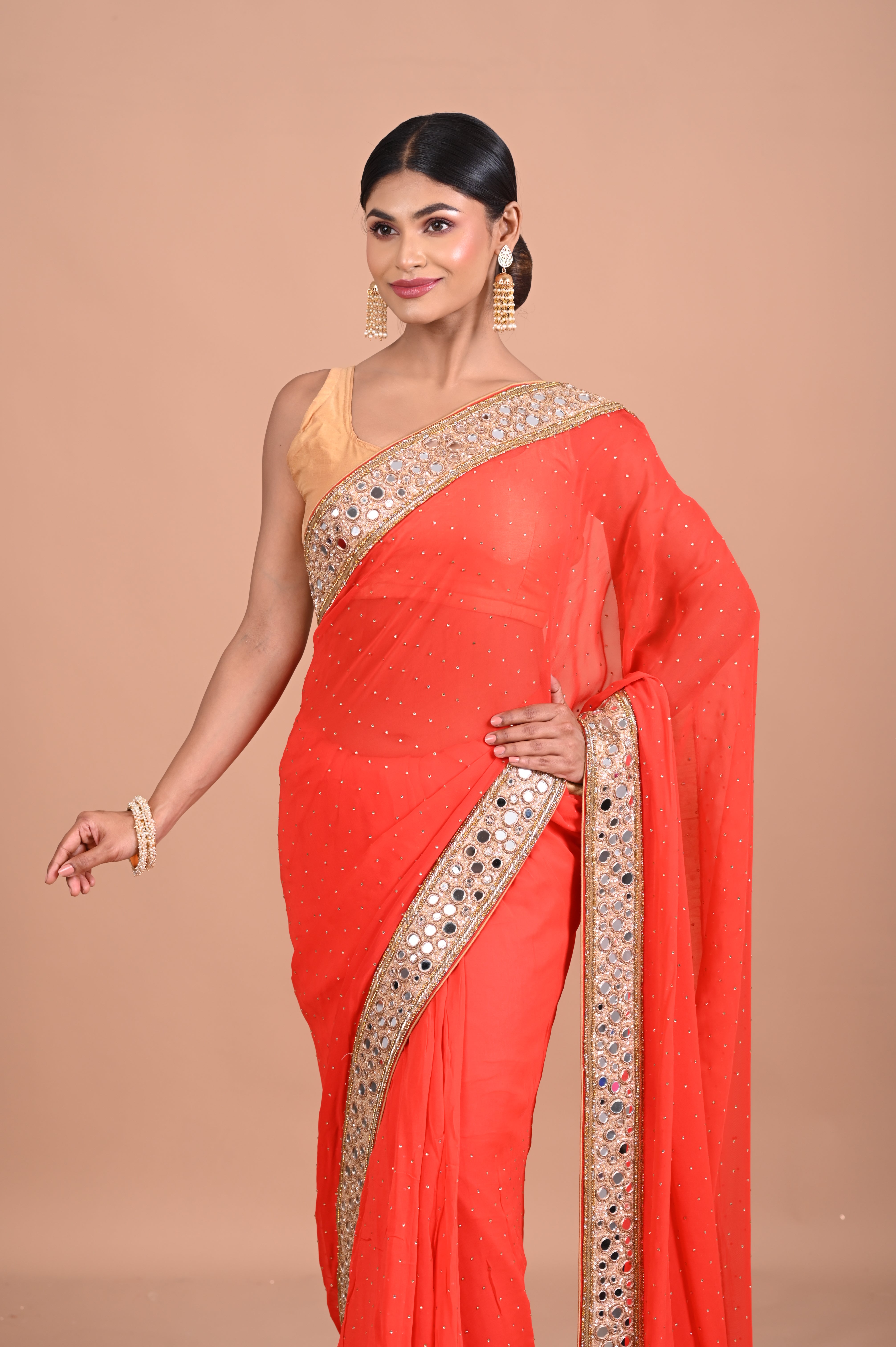 Red georgette with mirror work border and blouse Secondary image