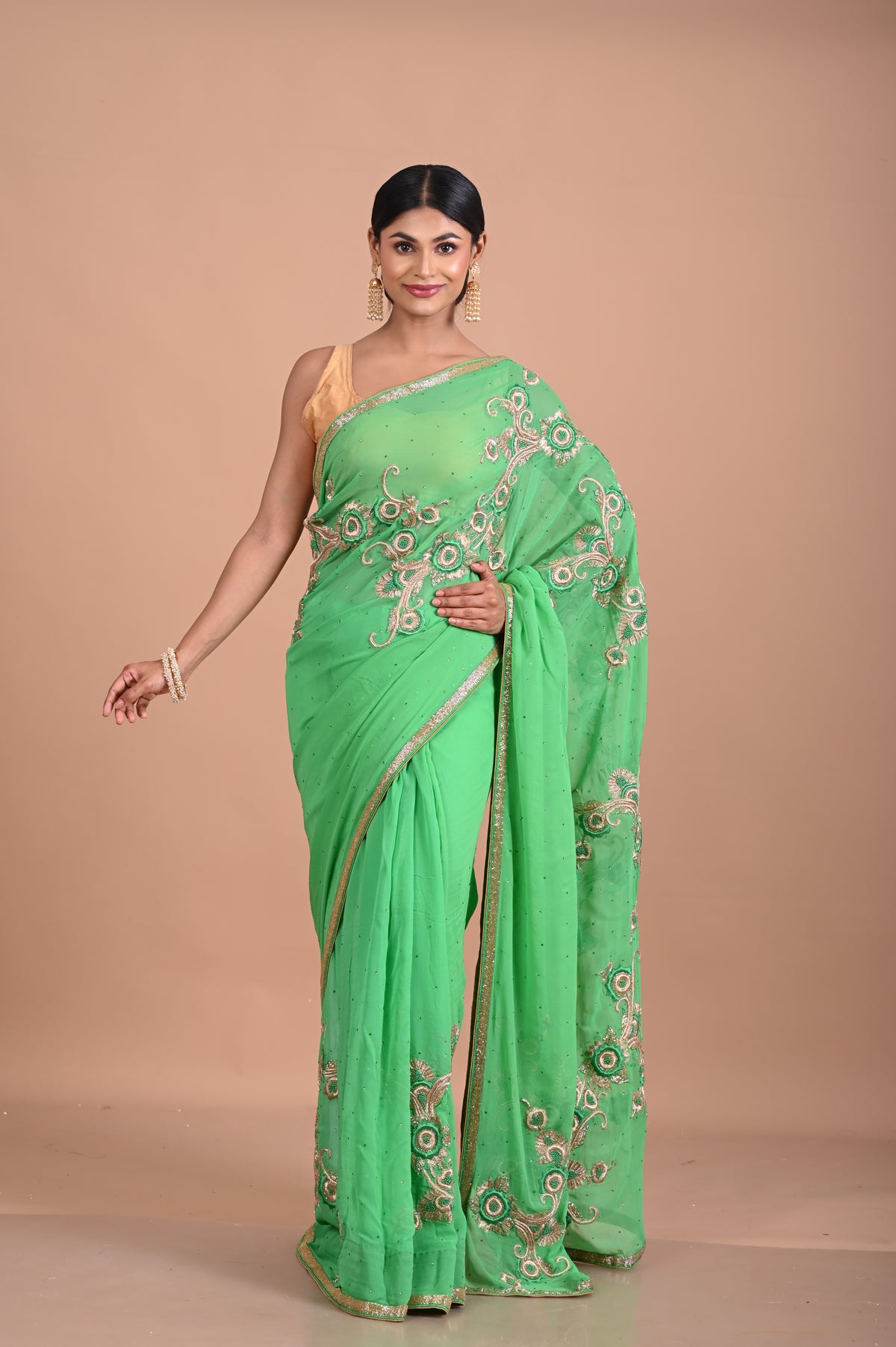 Green chiffon with designer embroidery