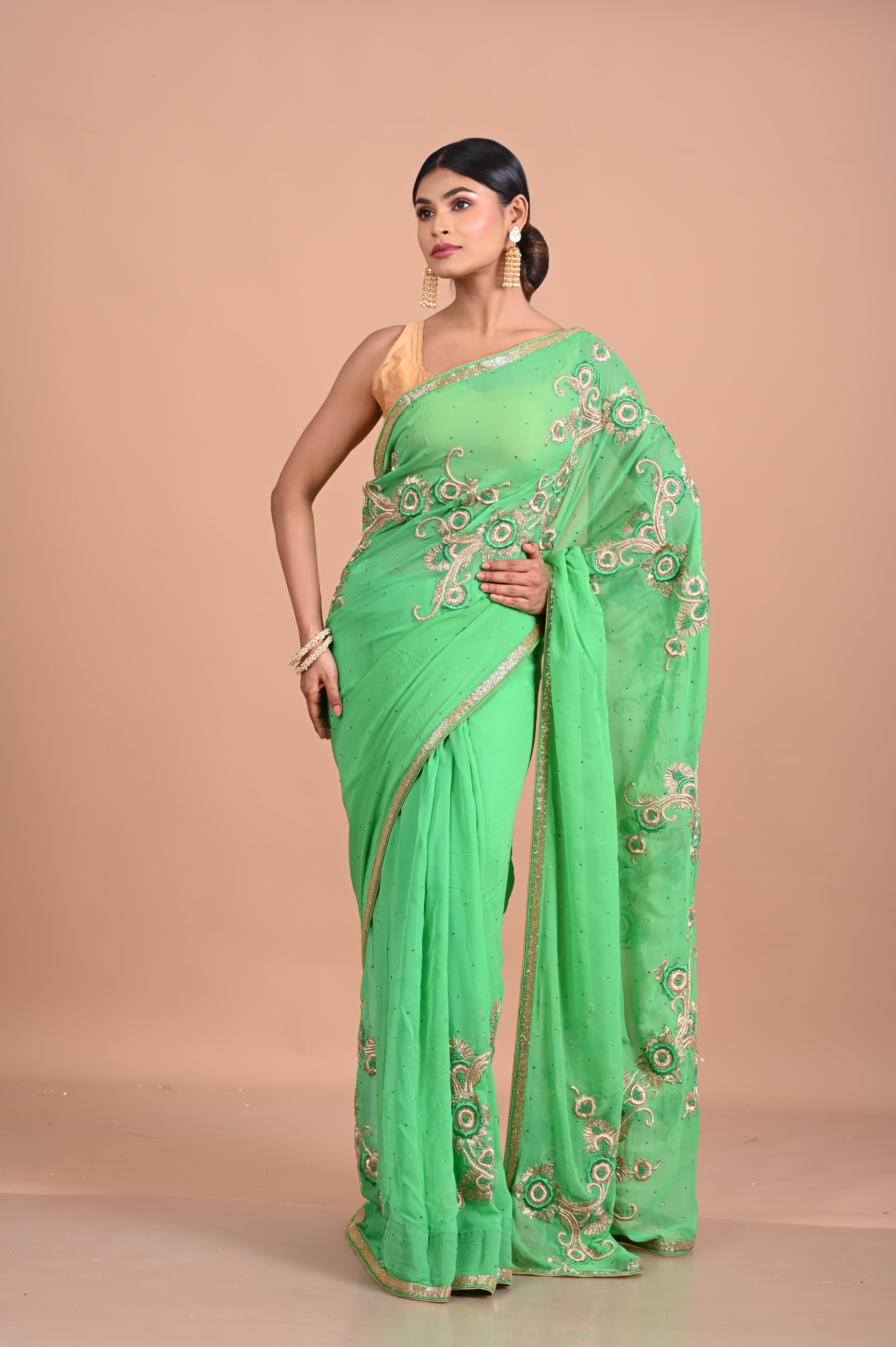 Green chiffon with designer embroidery