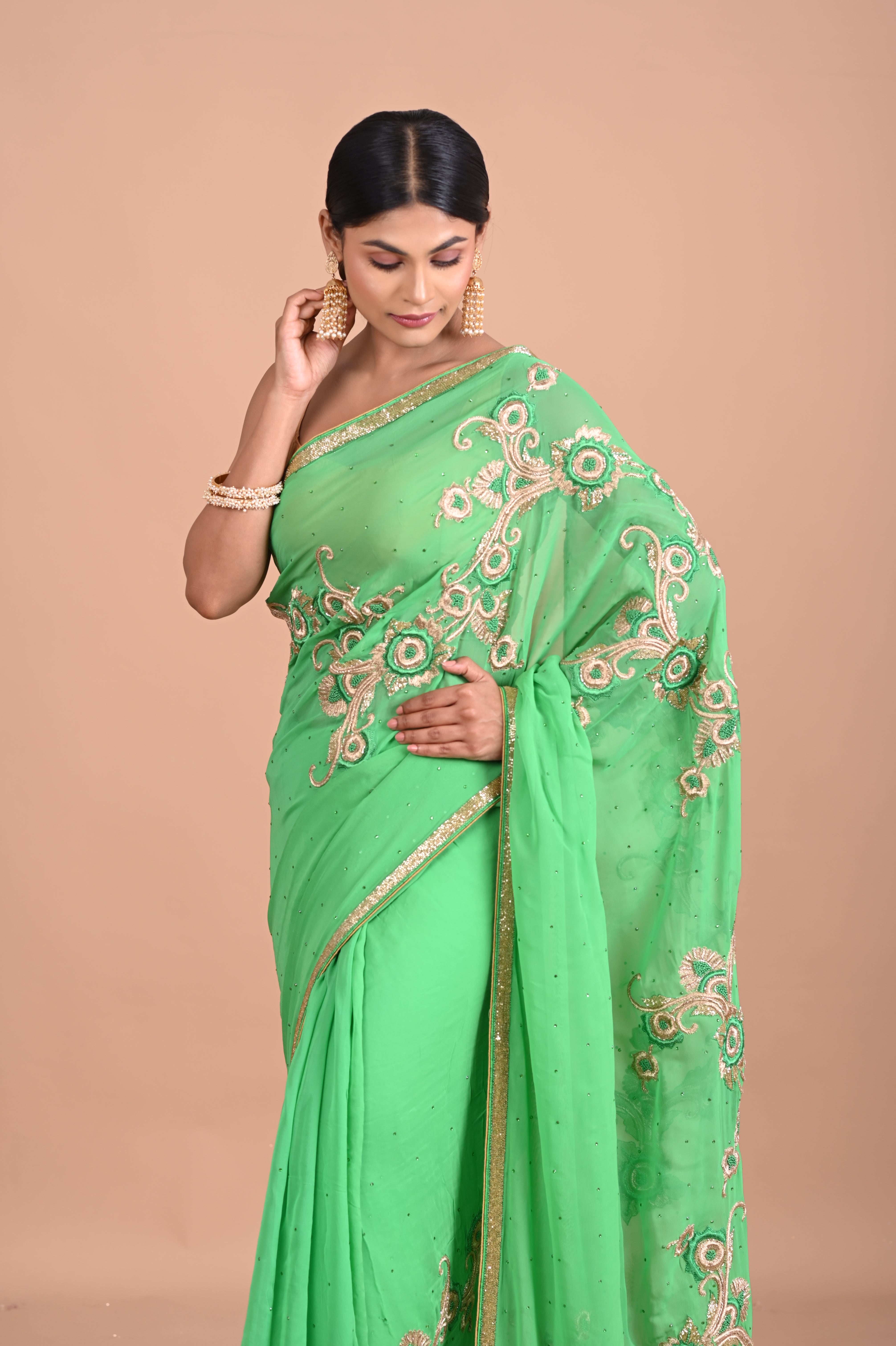 Green chiffon with designer embroidery