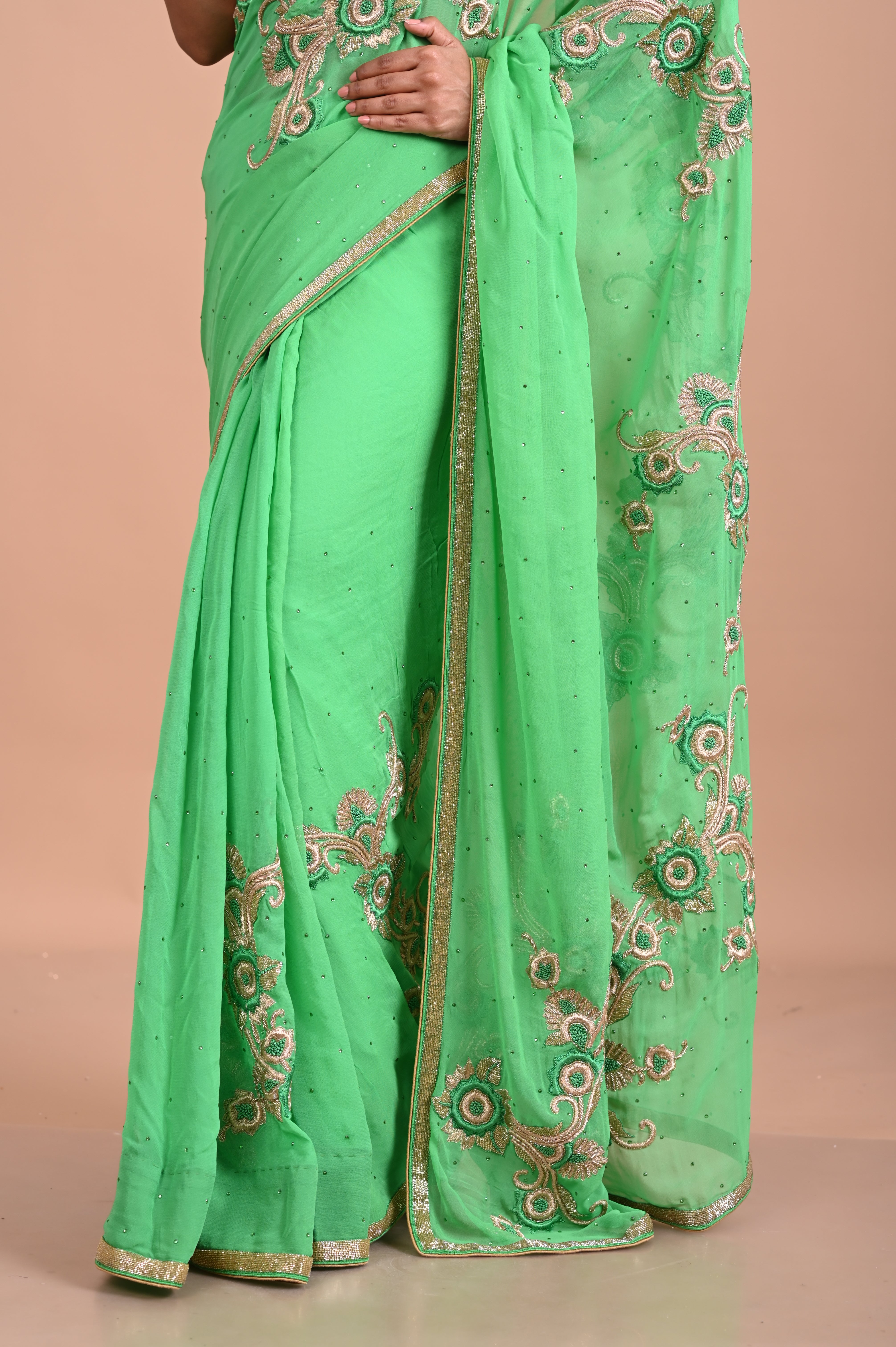 Green chiffon with designer embroidery