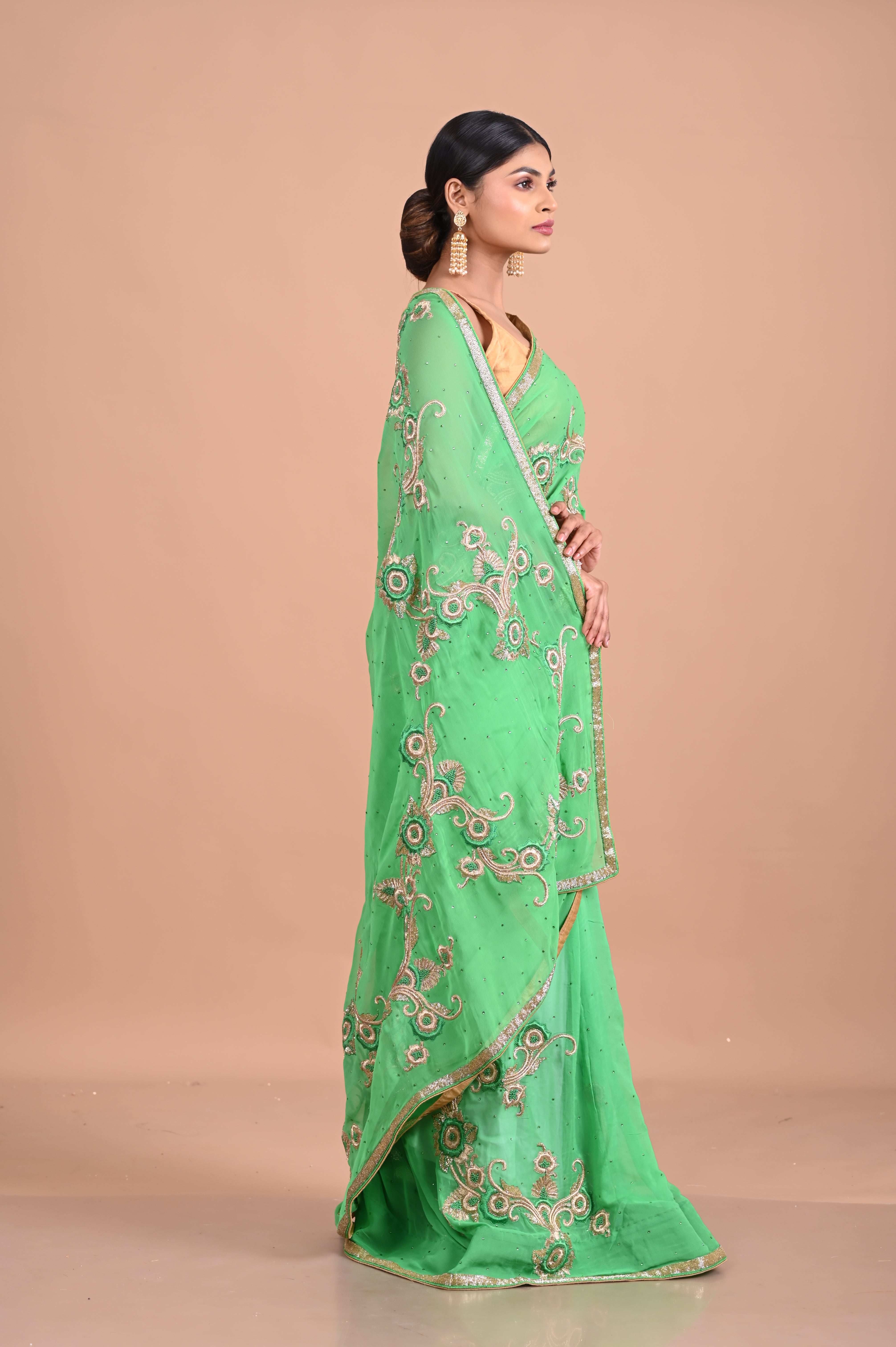 Green chiffon with designer embroidery