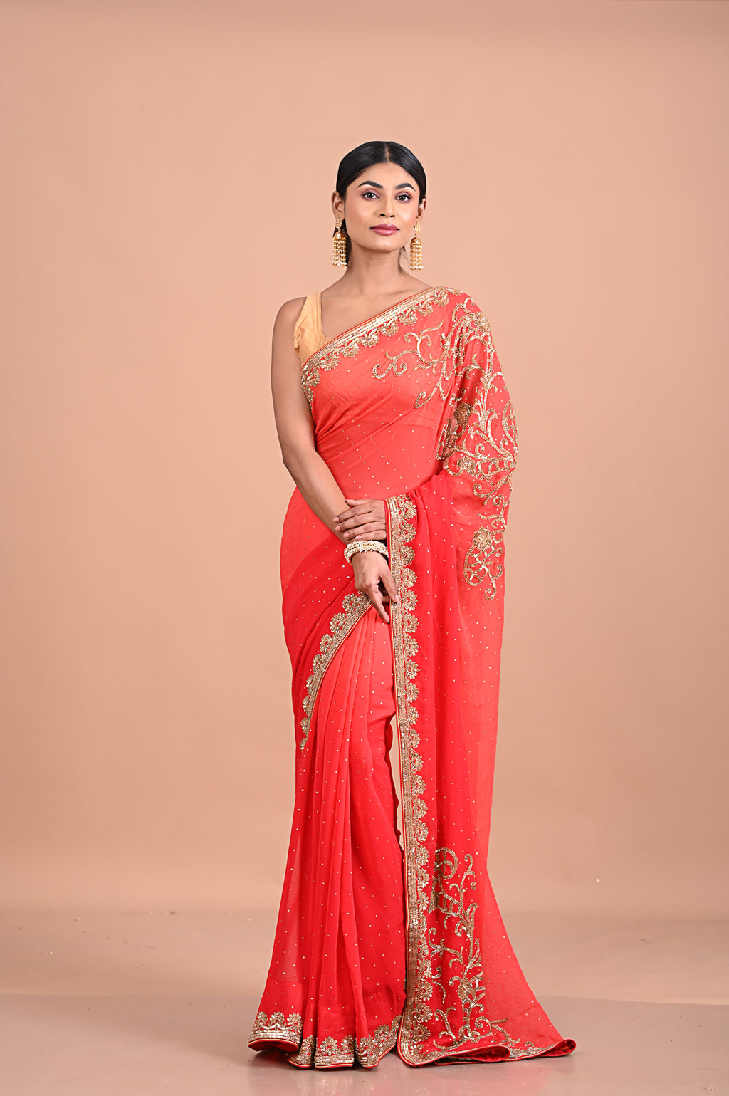 Designer Red saree on georgette