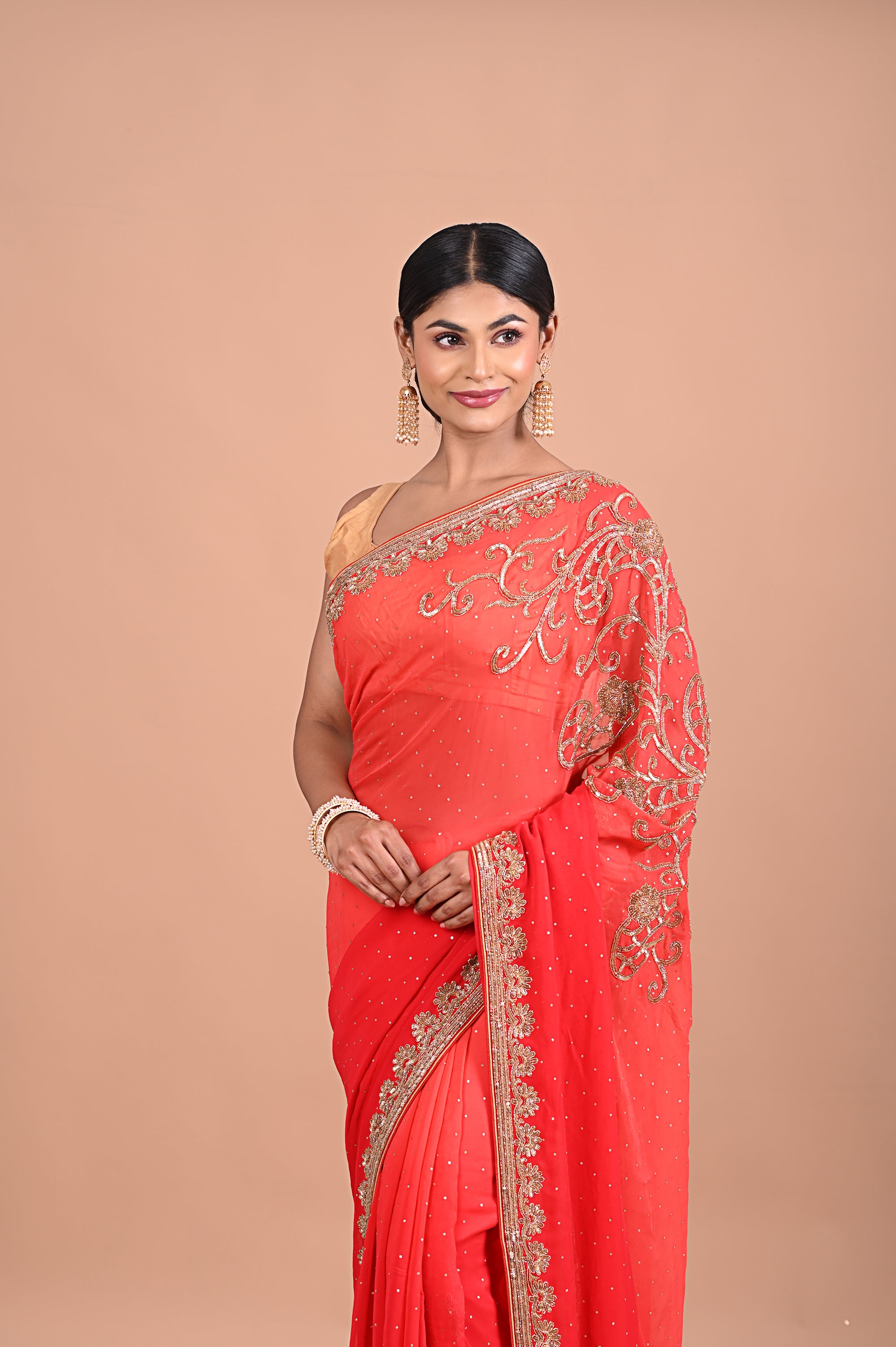 Designer Red saree on georgette Secondary image