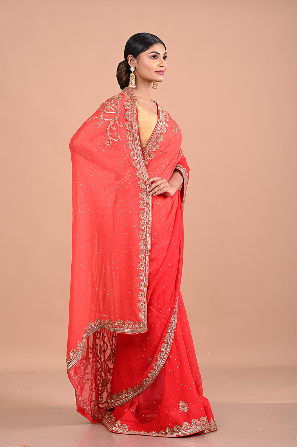 Designer Red saree on georgette