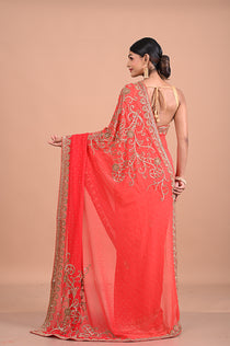 Designer Red saree on georgette