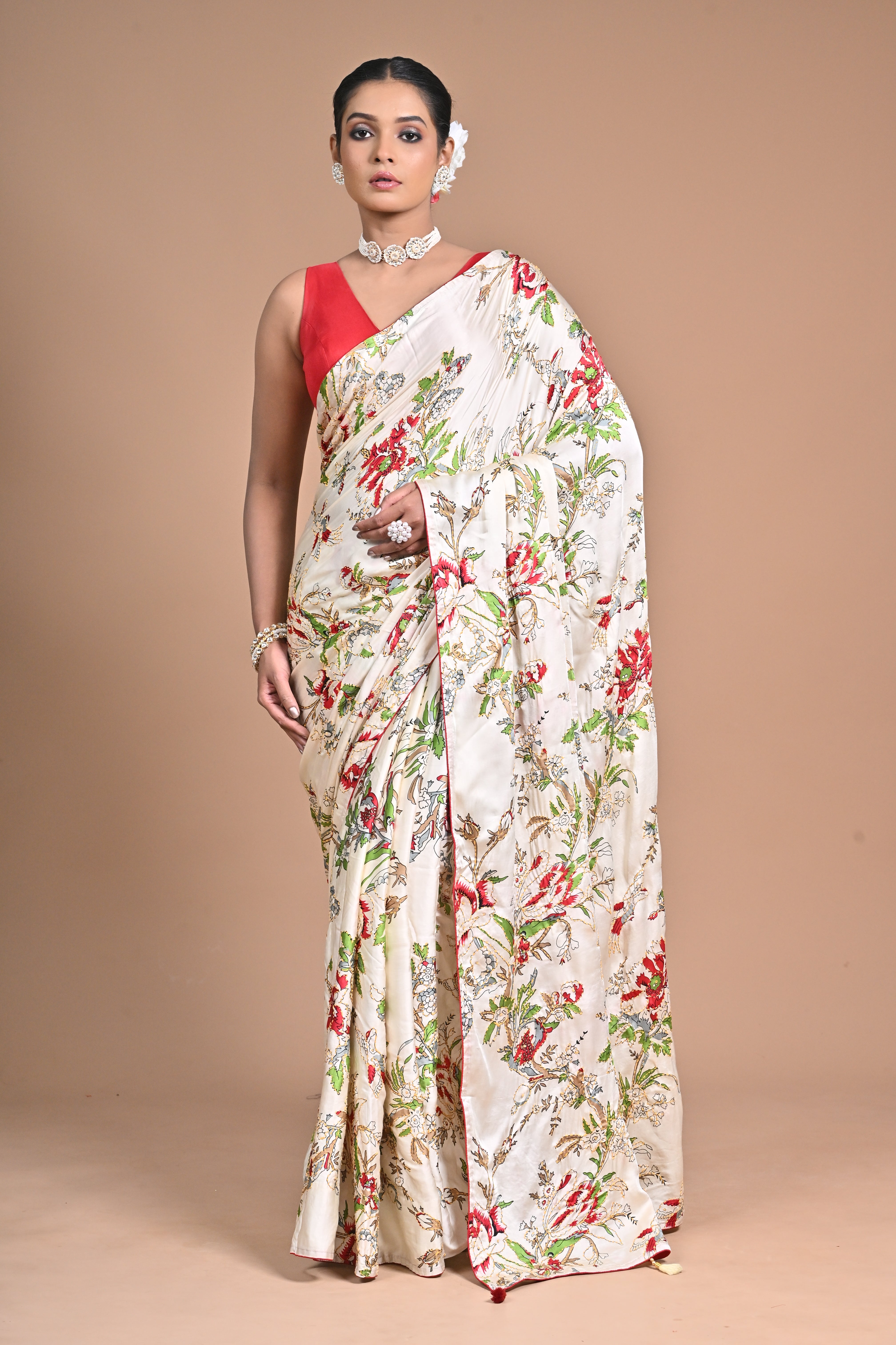 Threaded Royalty – Silk Printed Saree with Kantha Jaal Embroidery