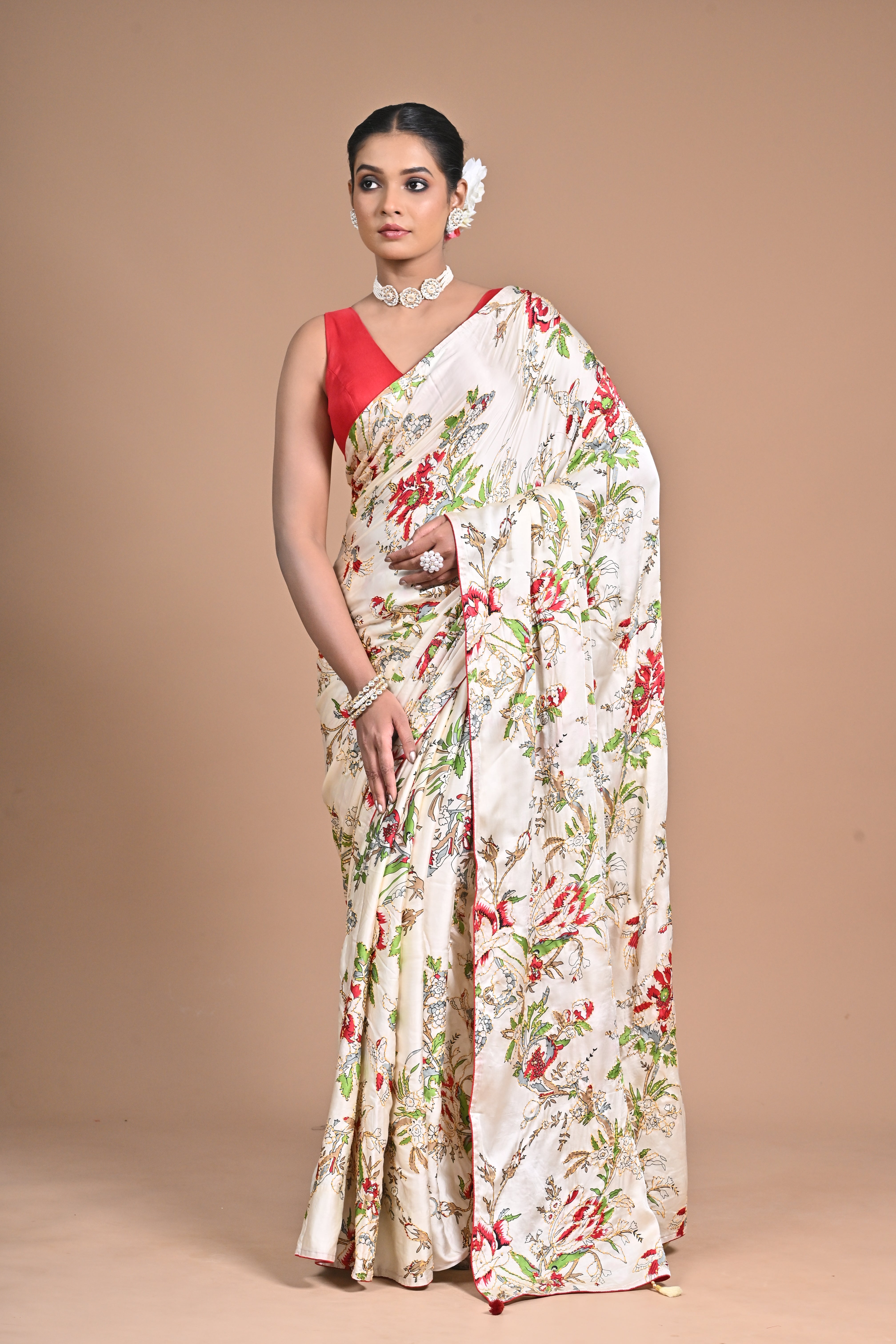 Threaded Royalty – Silk Printed Saree with Kantha Jaal Embroidery