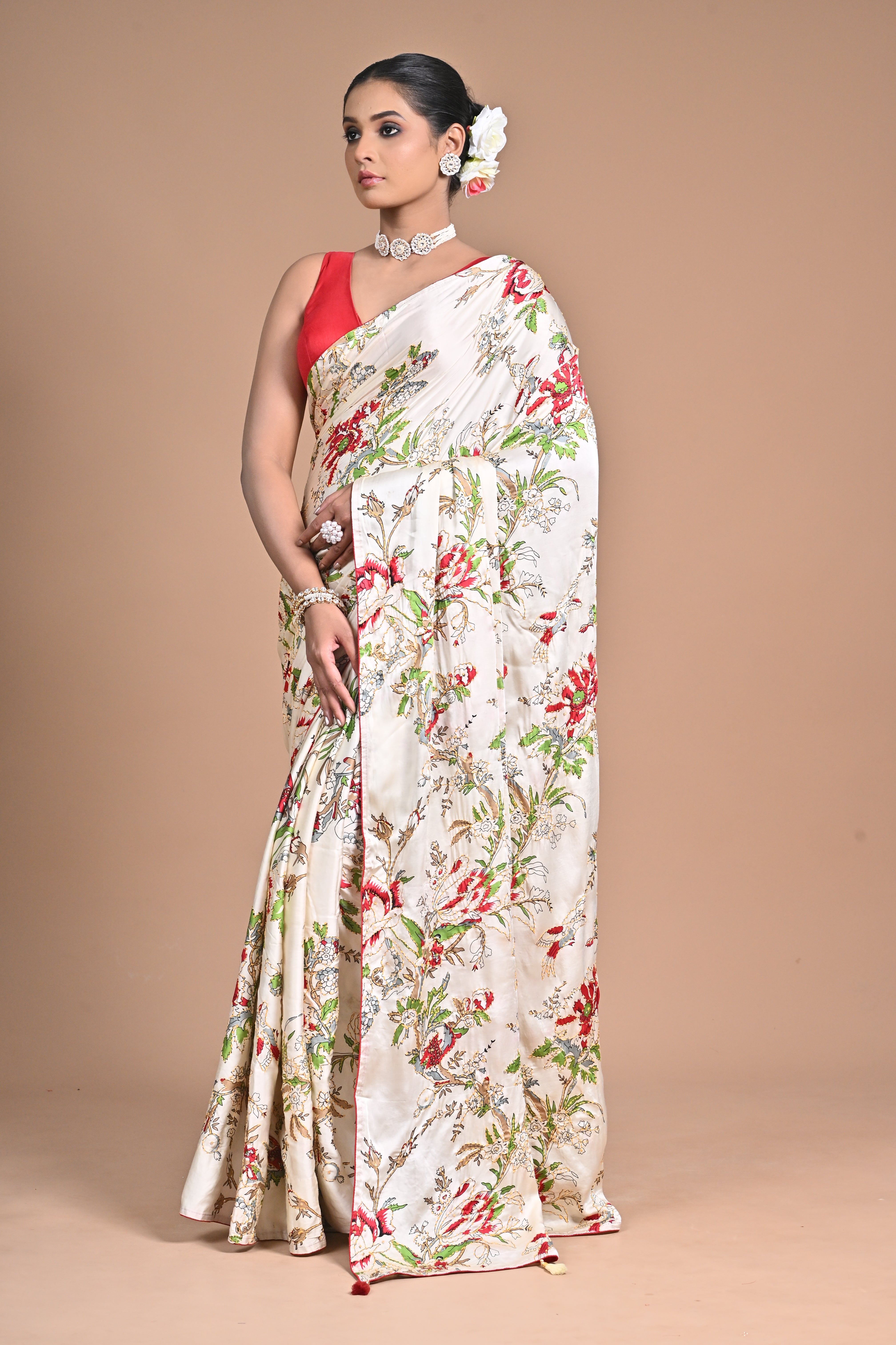 Threaded Royalty – Silk Printed Saree with Kantha Jaal Embroidery