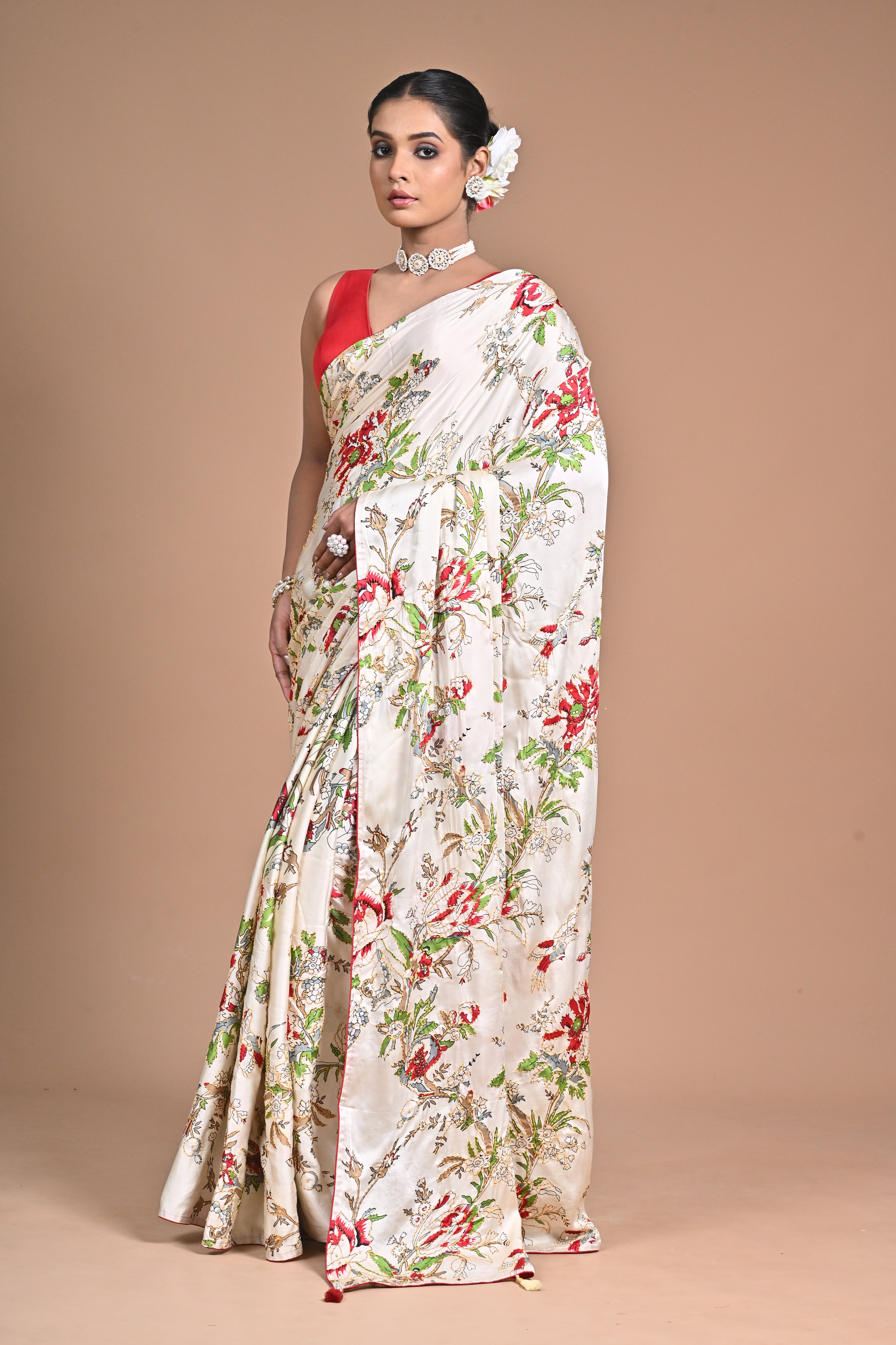 Threaded Royalty – Silk Printed Saree with Kantha Jaal Embroidery